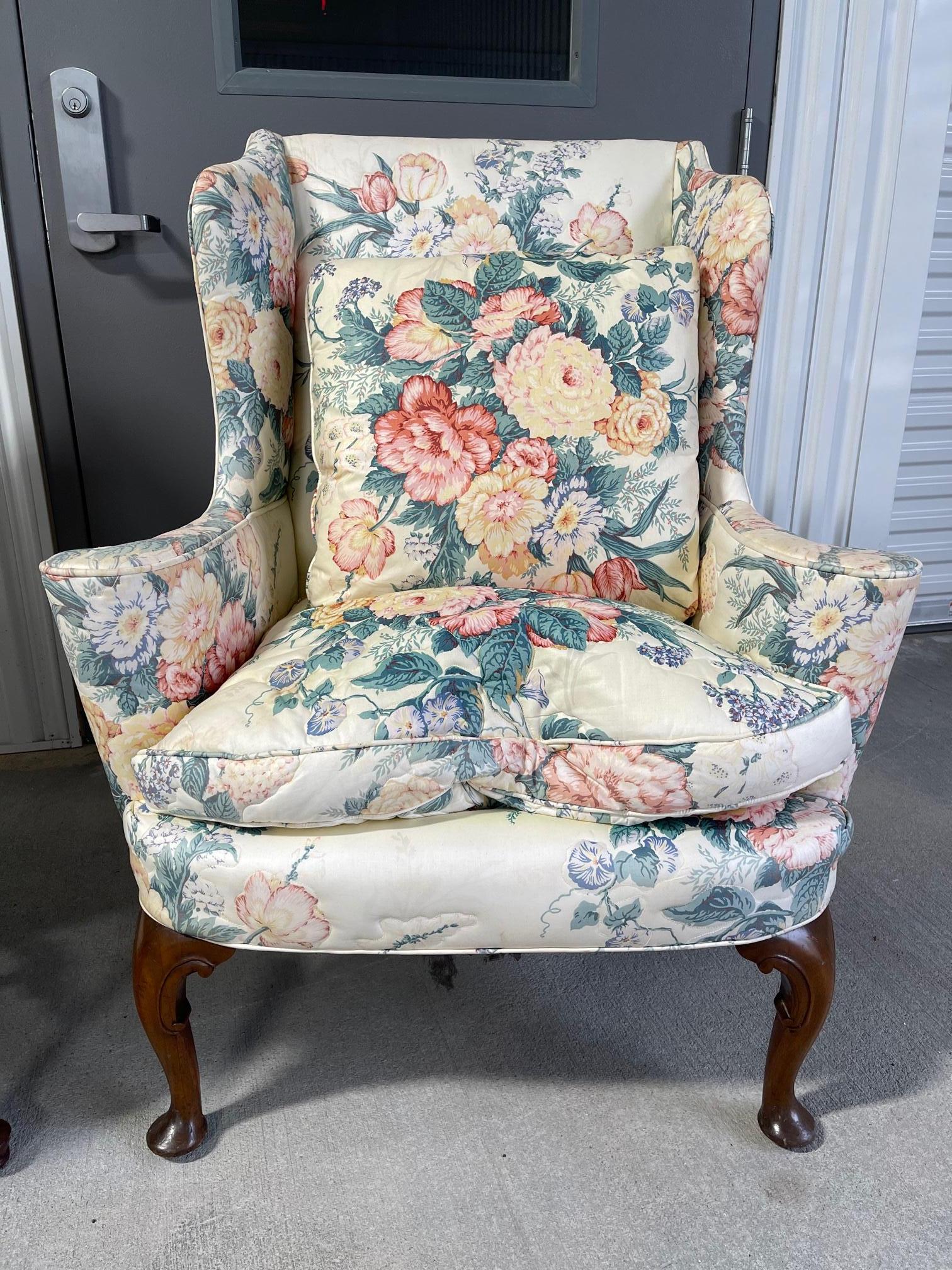 Upholstered Queen Anne Style Wingback Chair with Pad Feet, 20th Century In Good Condition For Sale In Savannah, GA