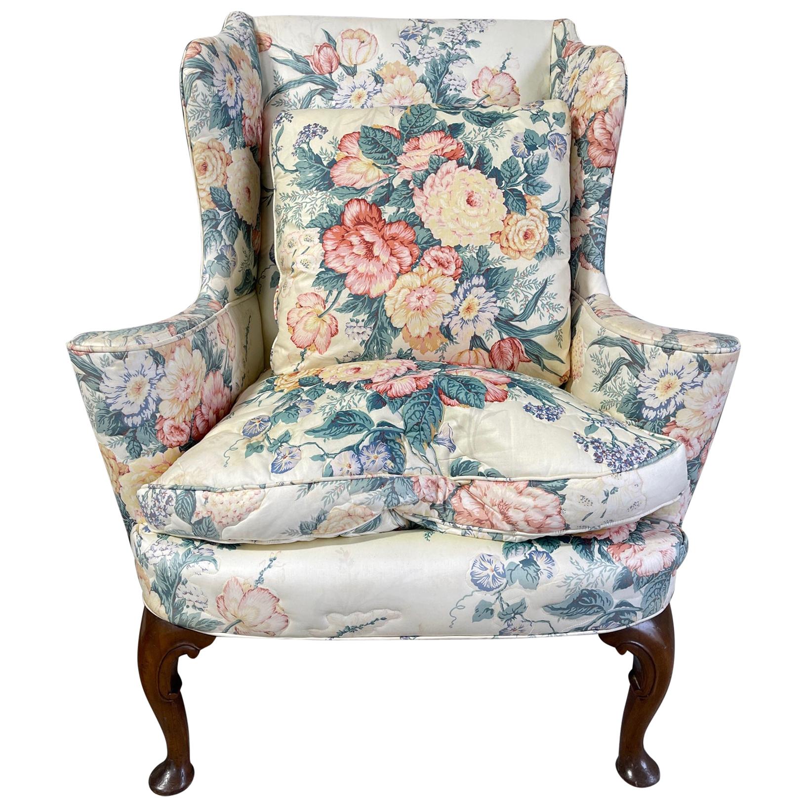 Upholstered Queen Anne Style Wingback Chair with Pad Feet, 20th Century