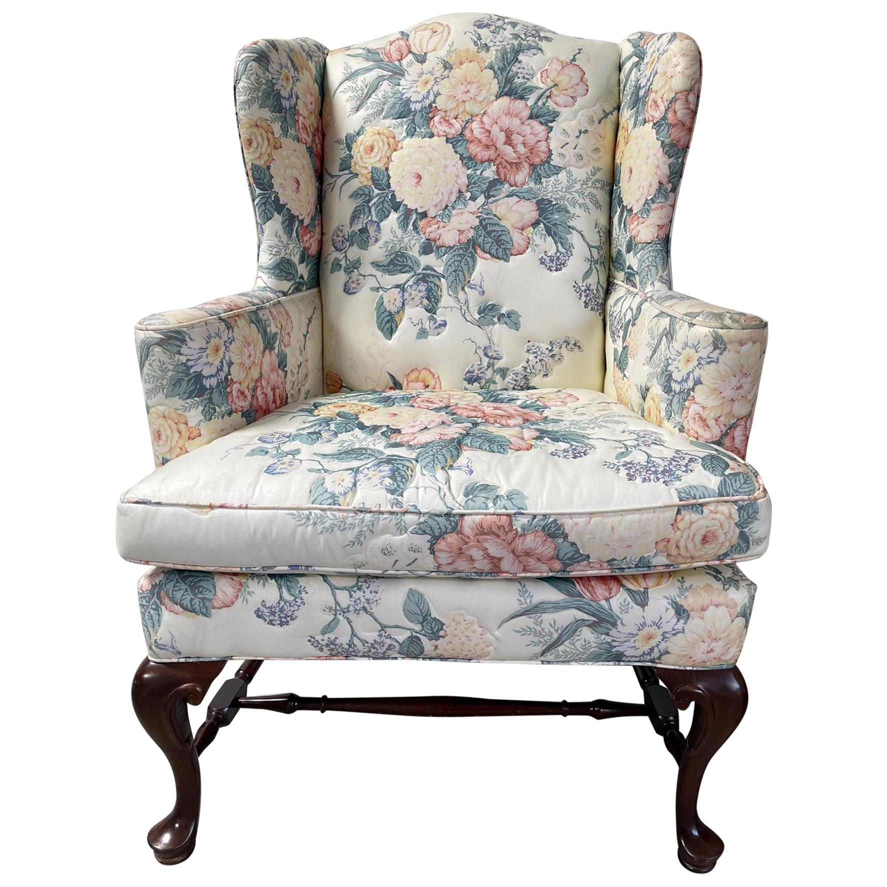 Upholstered Queen Anne Wingback Chair with Pad Feet and Stretcher, 20th Century For Sale