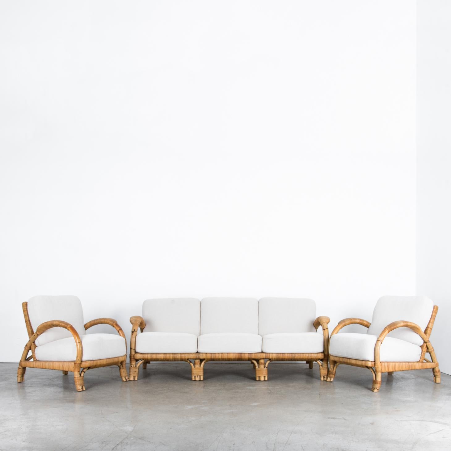 Mid-Century Modern Upholstered Rattan Sofa Set, Set of Three
