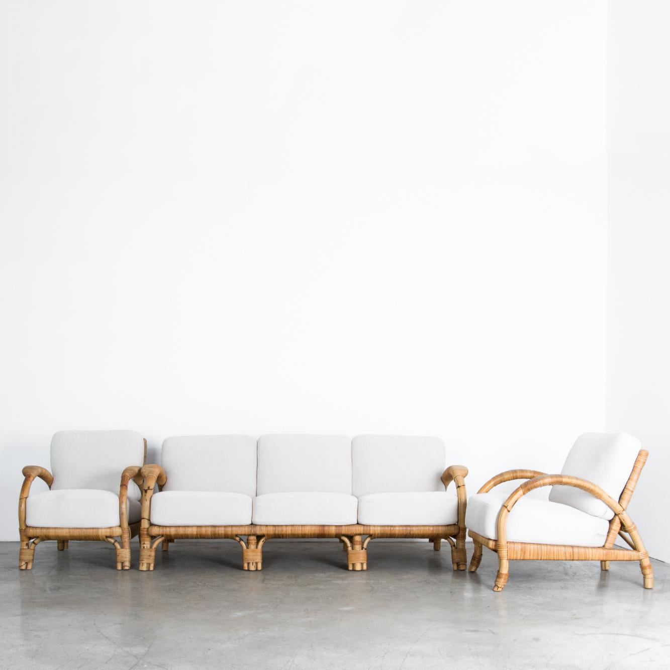 German Upholstered Rattan Sofa Set, Set of Three