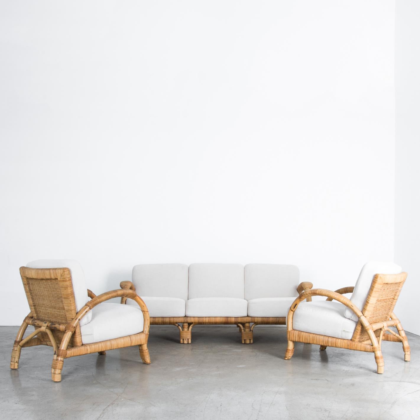 Upholstered Rattan Sofa Set, Set of Three In Good Condition In High Point, NC