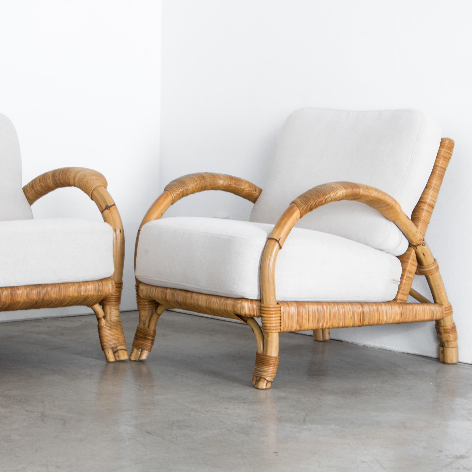 Late 20th Century Upholstered Rattan Sofa Set, Set of Three