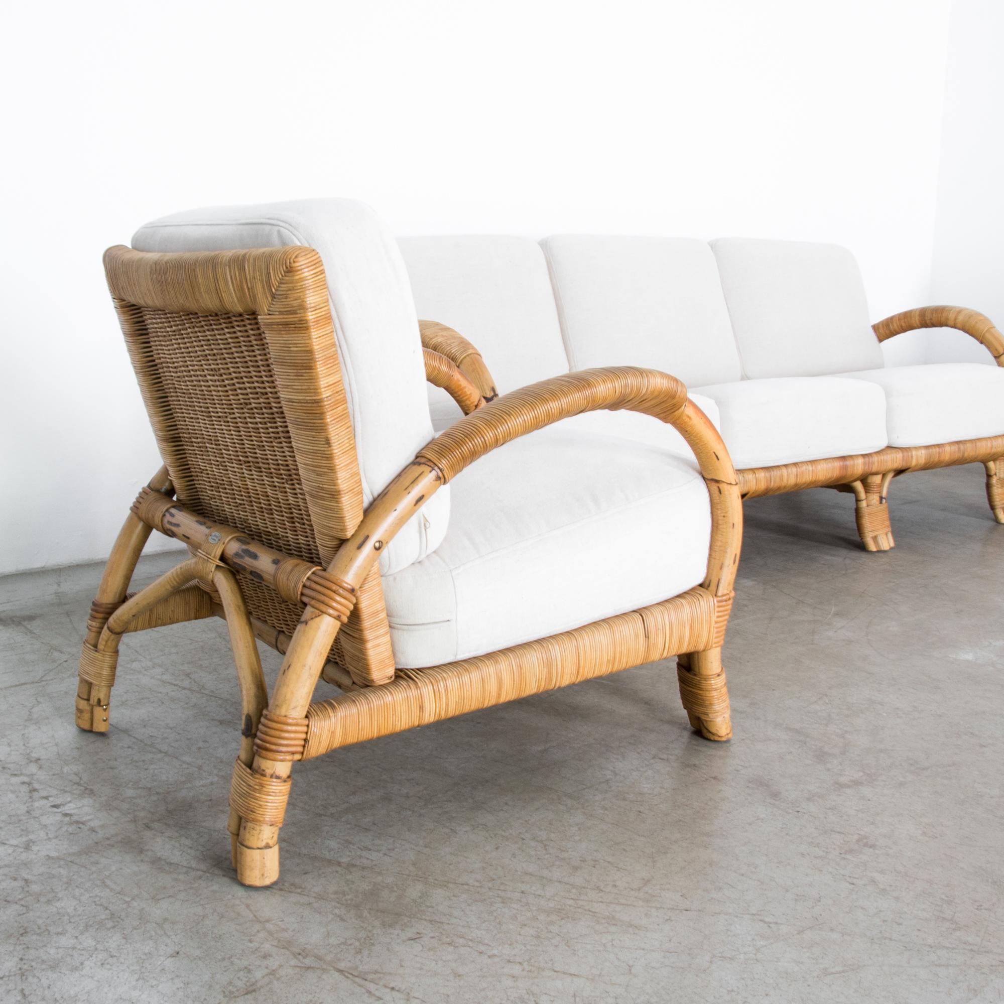 Fabric Upholstered Rattan Sofa Set, Set of Three