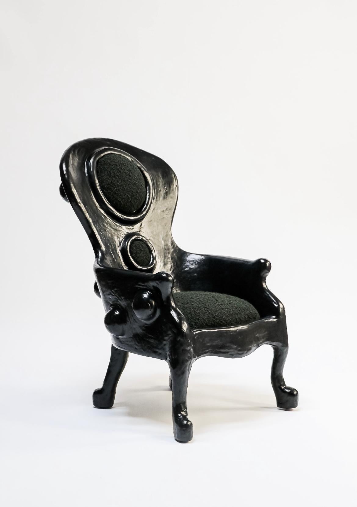 Crafted by hand, the Shell Lounge Armchair is a playful yet demanding presence that explores a new way of thinking in regards to turn of the century Victorian furniture. Torn down, re-built, and formed, this settee is a unique functional art piece