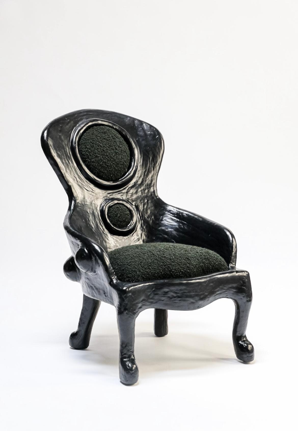Crafted by hand, the Shell Lounge Armchair is a playful yet demanding presence that explores a new way of thinking in regards to turn of the century Victorian furniture. Torn down, re-built, and formed, this settee is a unique functional art piece