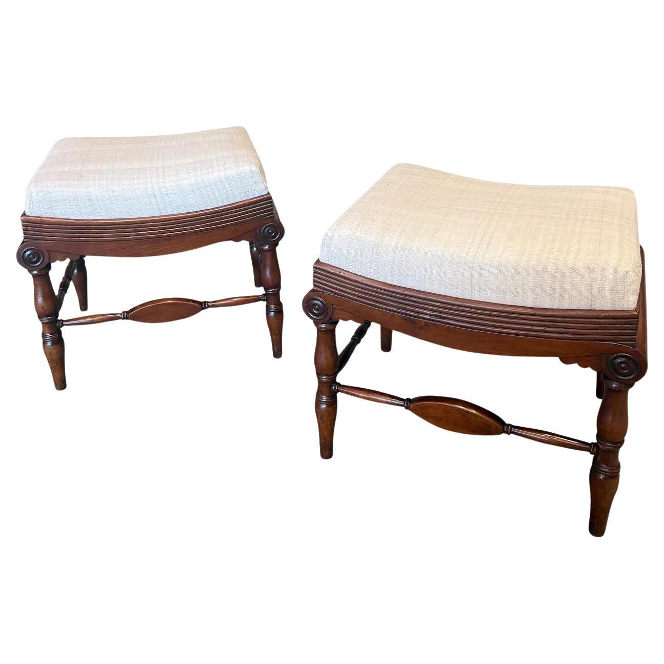 Upholstered Slightly Curved Pair Stools, Italy, 19th Century For Sale