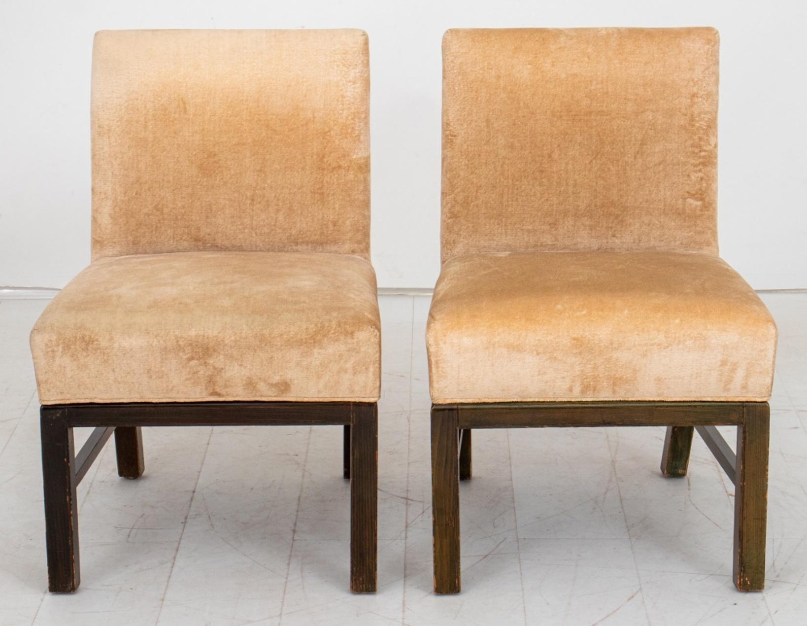 Velvet Upholstered slipper chairs with square backs and seats, each on square wooden legs, joined by stretchers. Provenance: Acquired through Thad Hayes
Provenance: Property From a Thad Hayes Designed Apartment Featured in Architectural Digest,