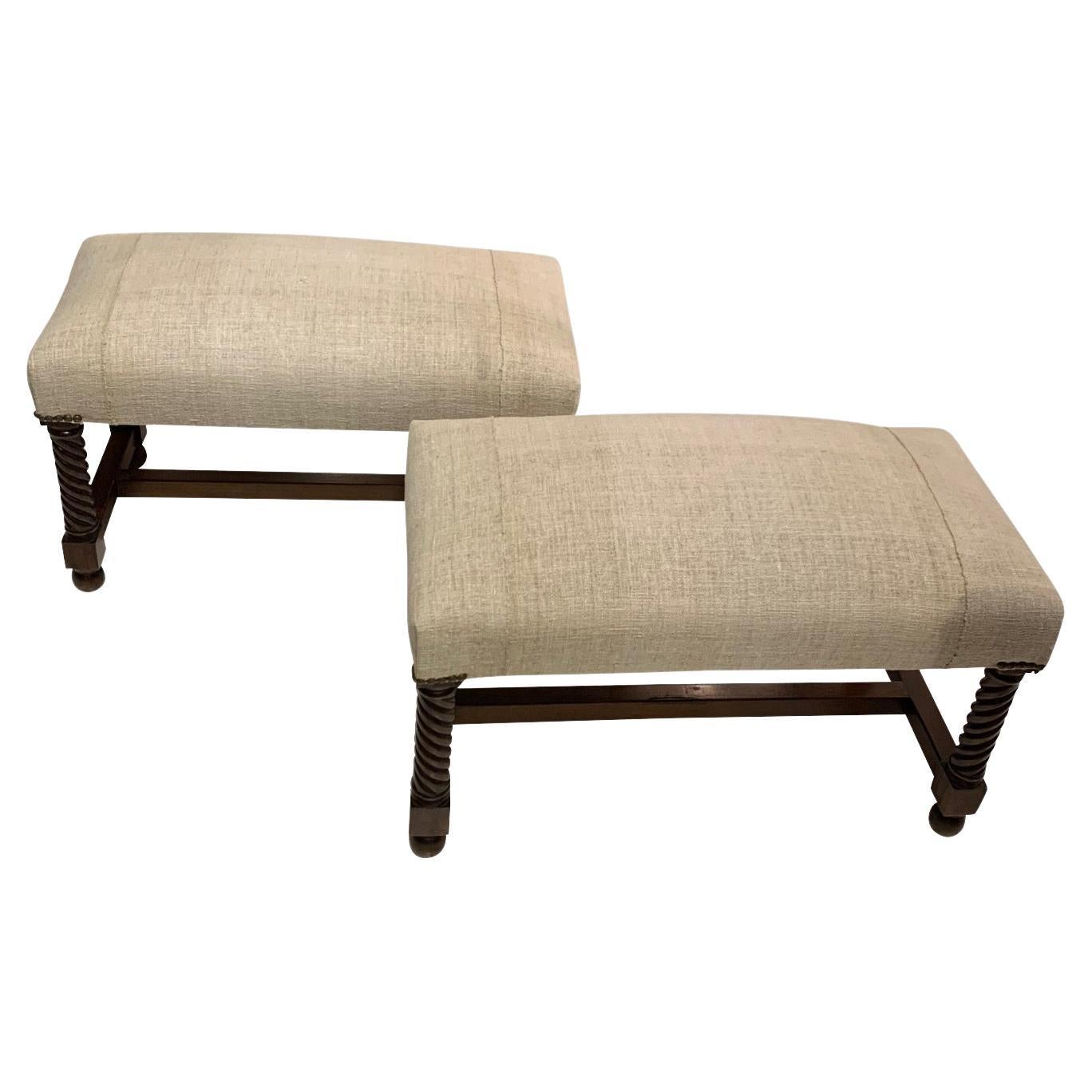 1940's Spanish spool leg bench.
Recently recovered in handspun vintage Belgian linen.
Two available and sold individually.