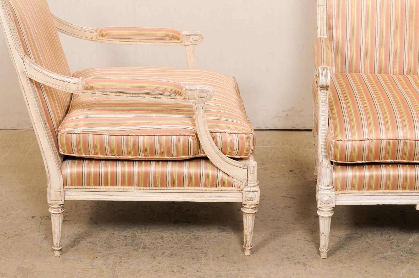 Upholstered Square-Back Fauteuils w/ Louis XVI Inspired Design, Roomy XL Seats In Good Condition In Atlanta, GA