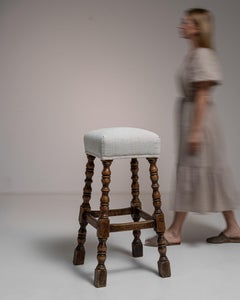 Upholstered Stool, Wood and Fabric, French Design, 1970s Vintage