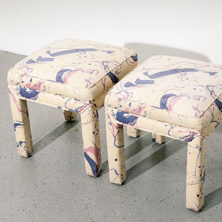 Vintage upholstered stools with watercolor motif pattern. Sold individually.