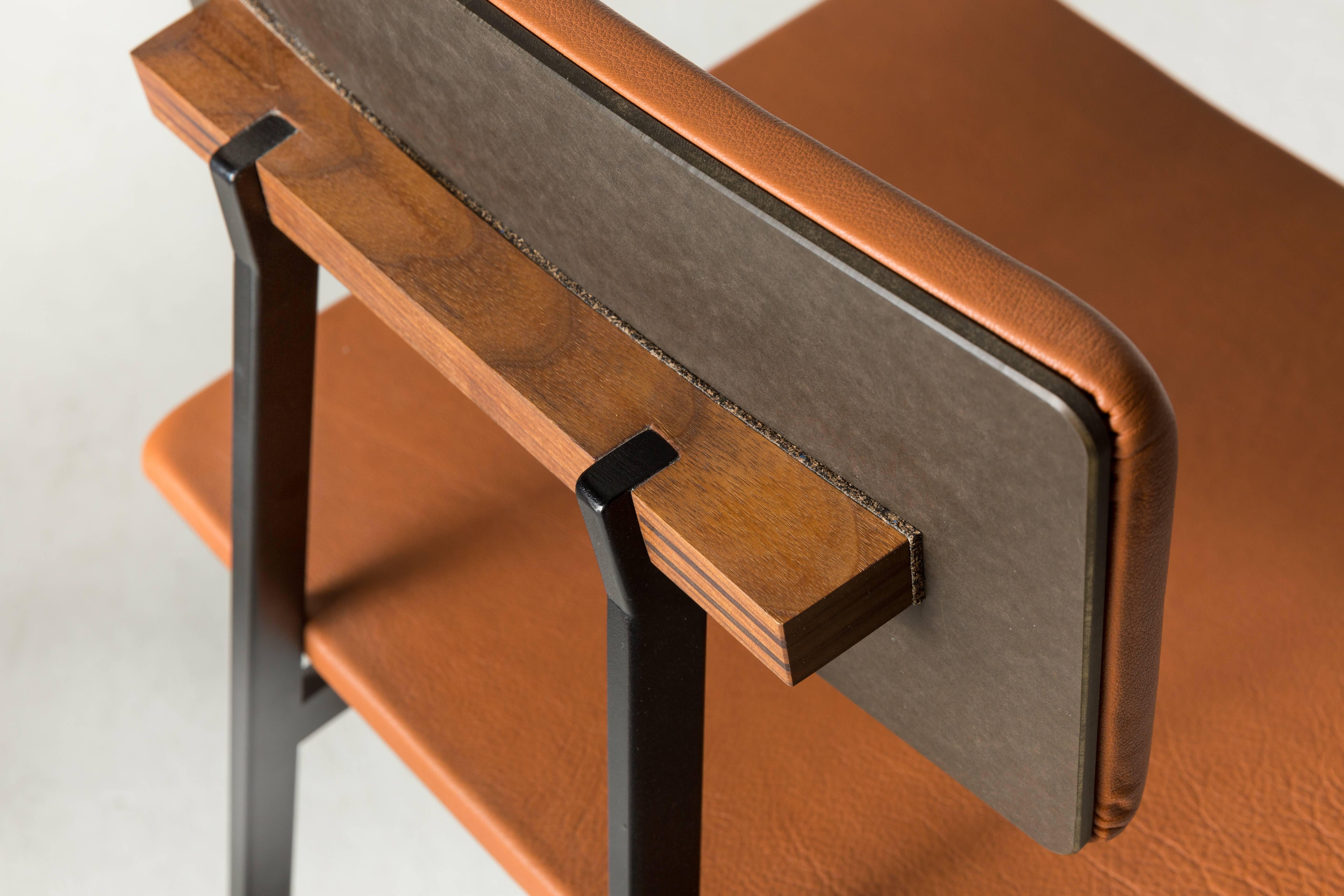 Modern Up Tea Stool in leather, American hardwood and steel For Sale