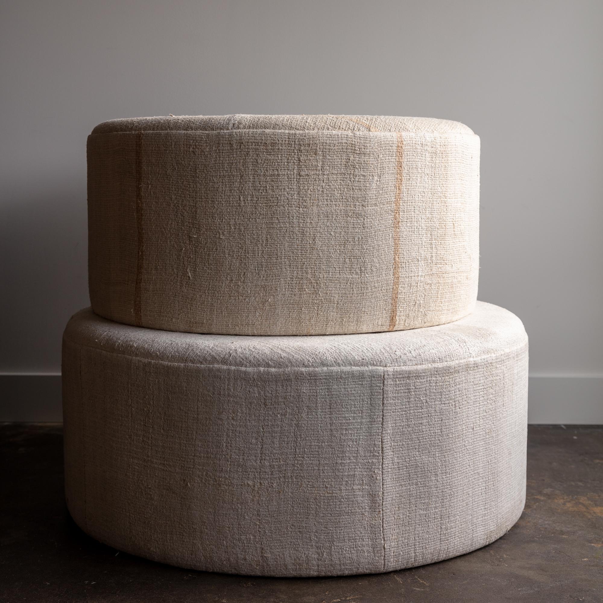 Upholstered Turkish Hemp Round Ottoman In Excellent Condition For Sale In Seattle, WA