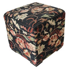 Vintage Upholstered Turkish Kilim Tufted Square Ottoman Pouf