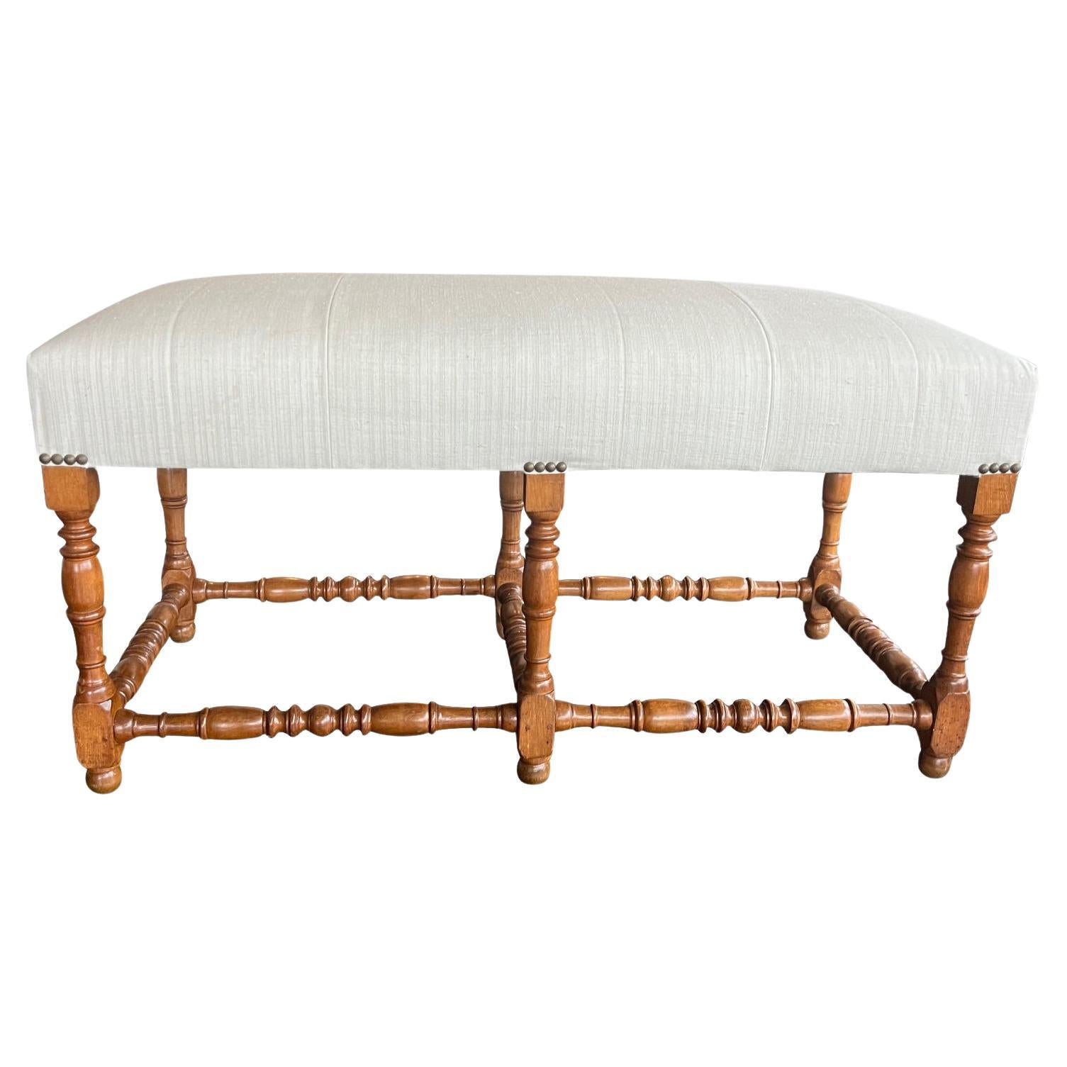 Upholstered Turned Leg Walnut Bench, Italy, 19th Century