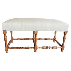 Upholstered Turned Leg Walnut Bench, Italy, 19th Century