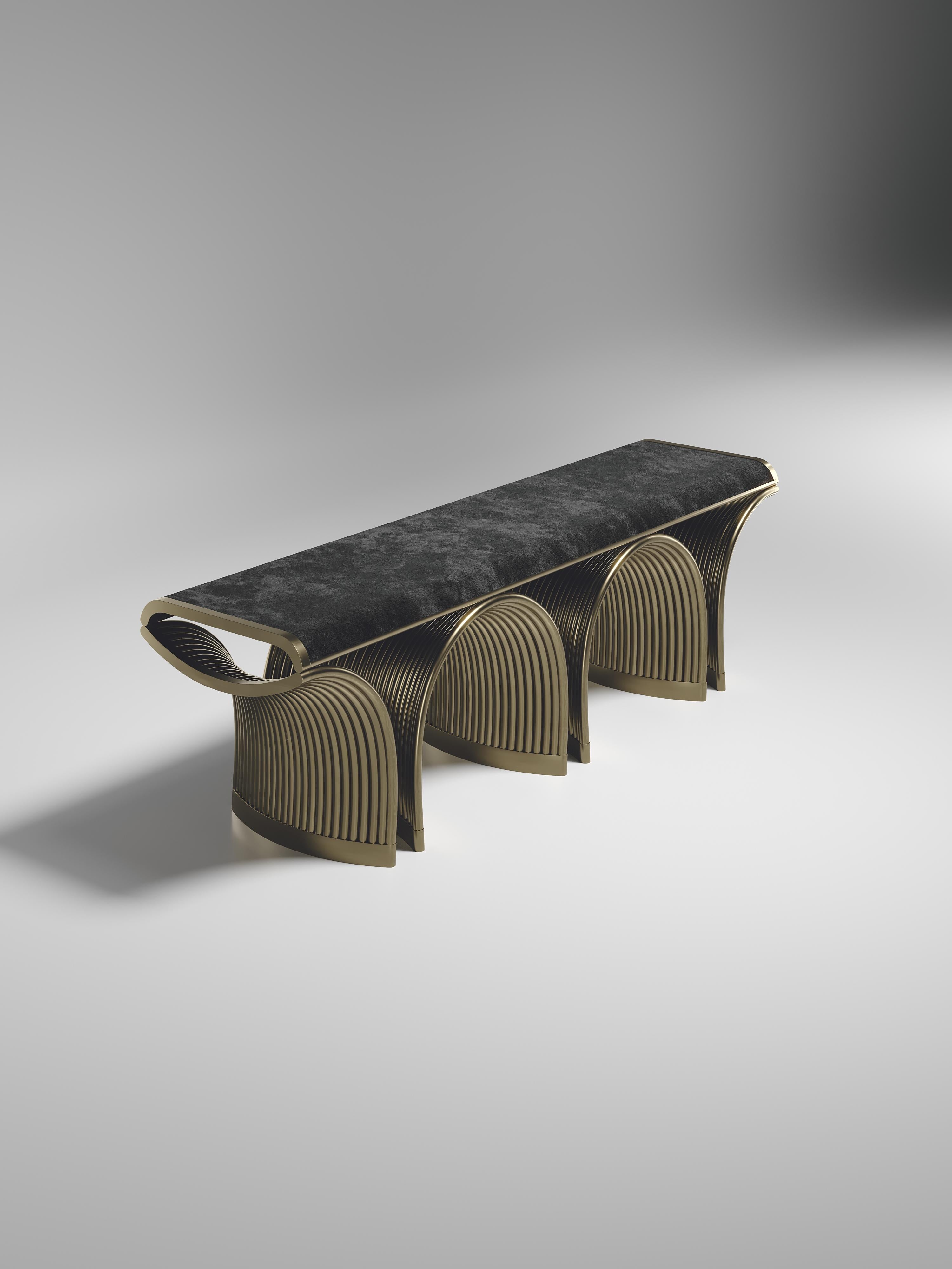 Art Deco Upholstered Velvet Bench with Bronze-Patina Brass Details by R&Y Augousti For Sale