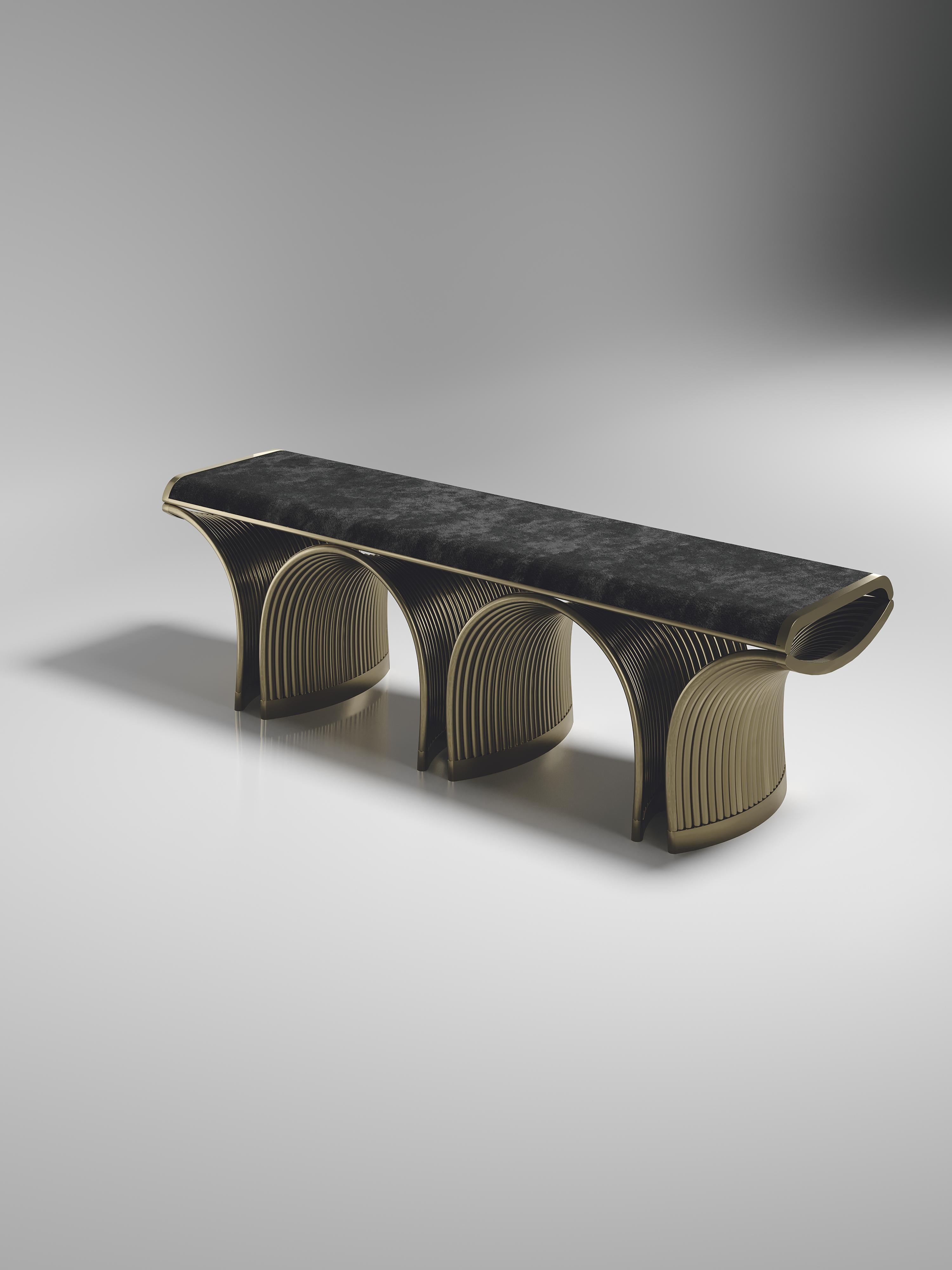 French Upholstered Velvet Bench with Bronze-Patina Brass Details by R&Y Augousti For Sale