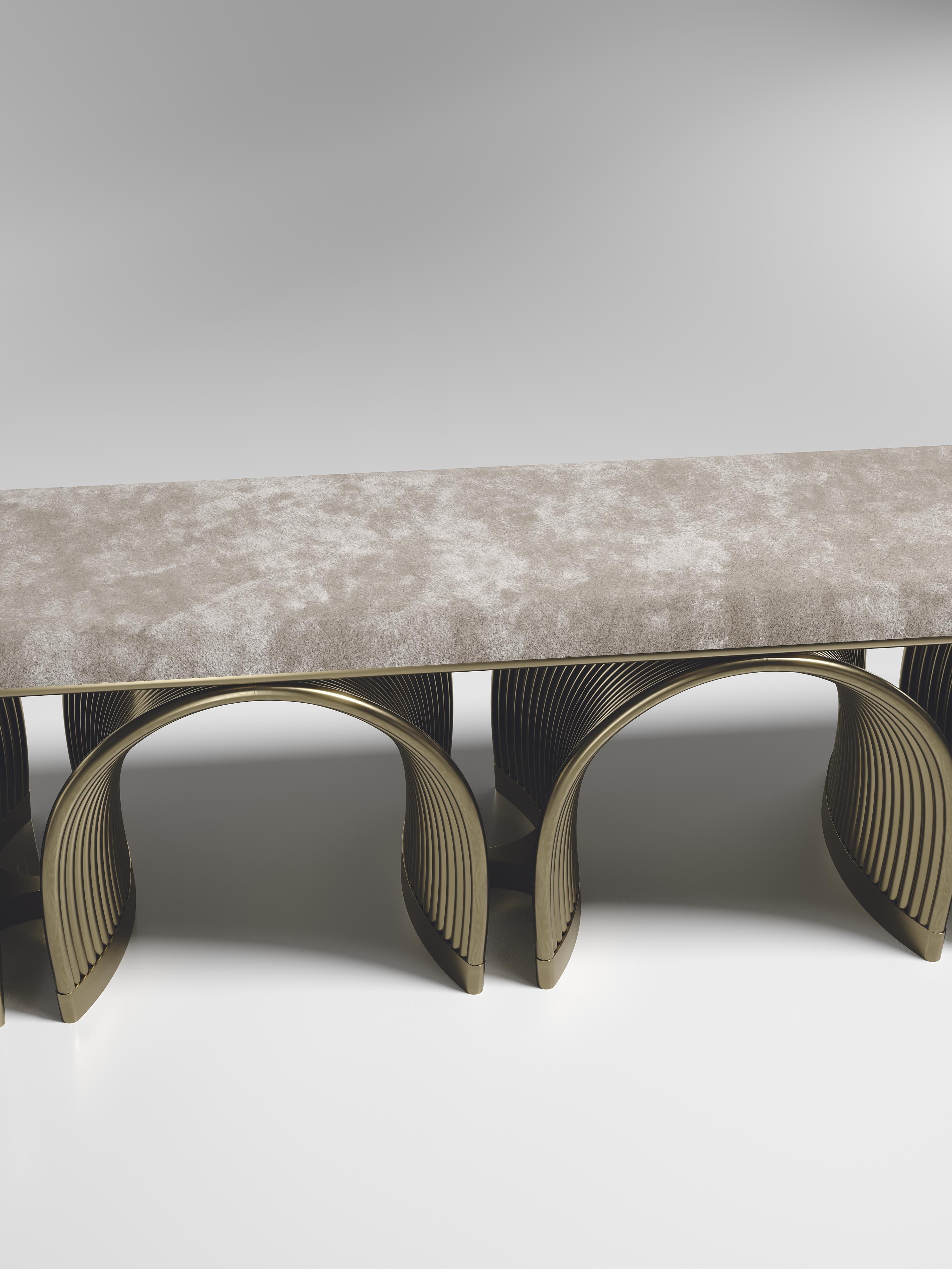 Hand-Crafted Upholstered Velvet Bench with Bronze-Patina Brass Details by R&Y Augousti For Sale