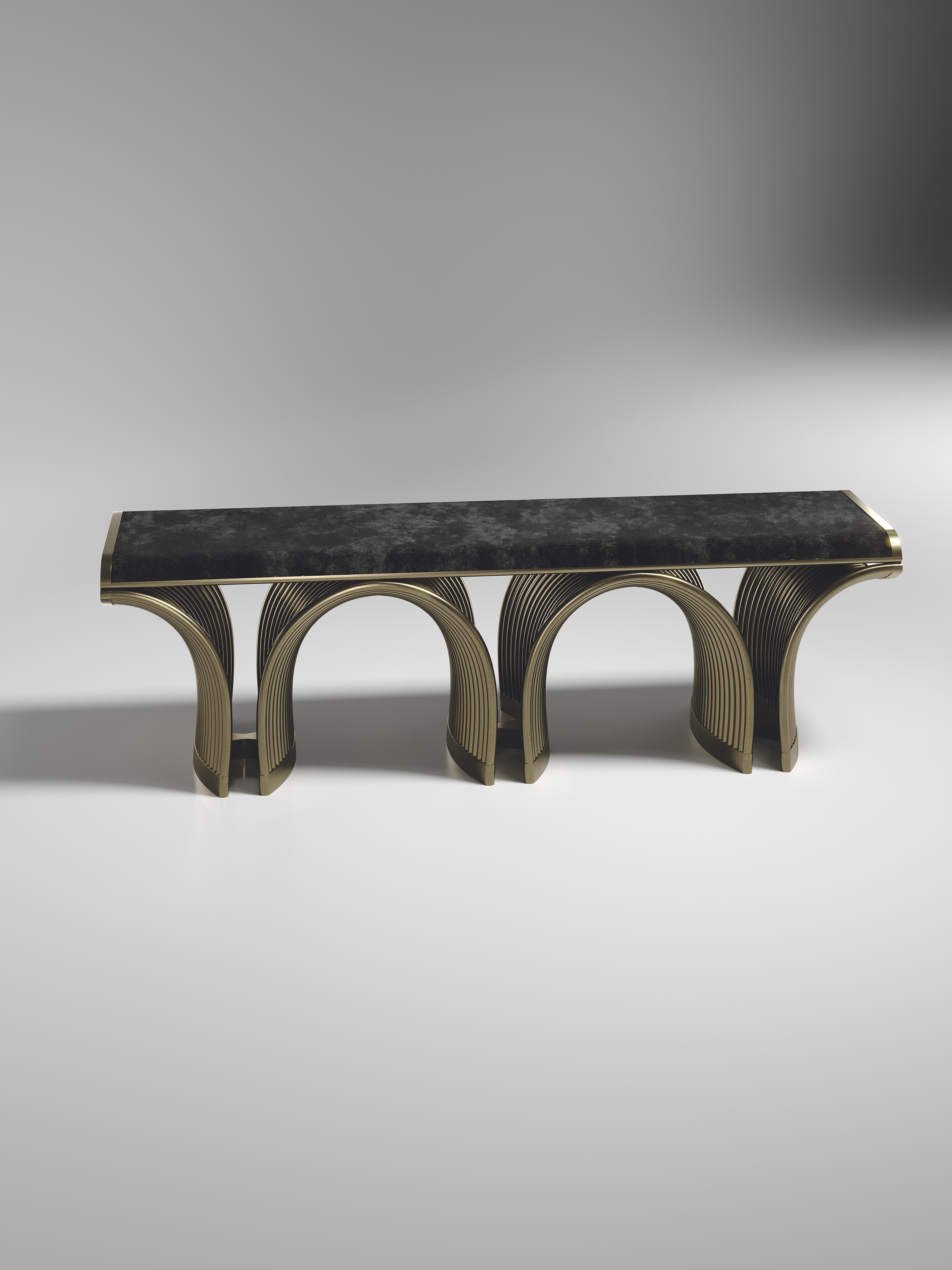 Hand-Crafted Upholstered Velvet Bench with Bronze-Patina Brass Details by R&Y Augousti For Sale