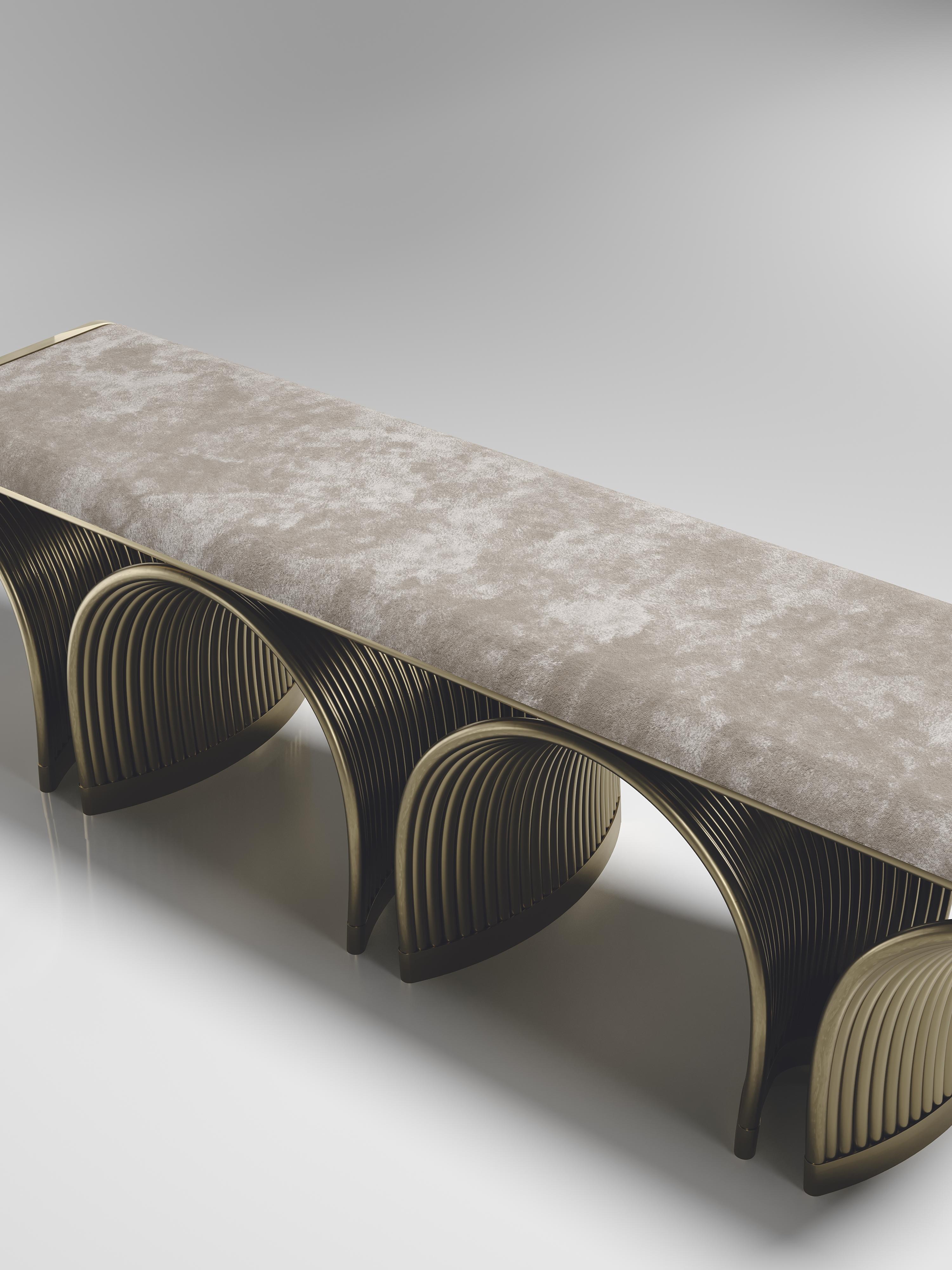 Contemporary Upholstered Velvet Bench with Bronze-Patina Brass Details by R&Y Augousti For Sale
