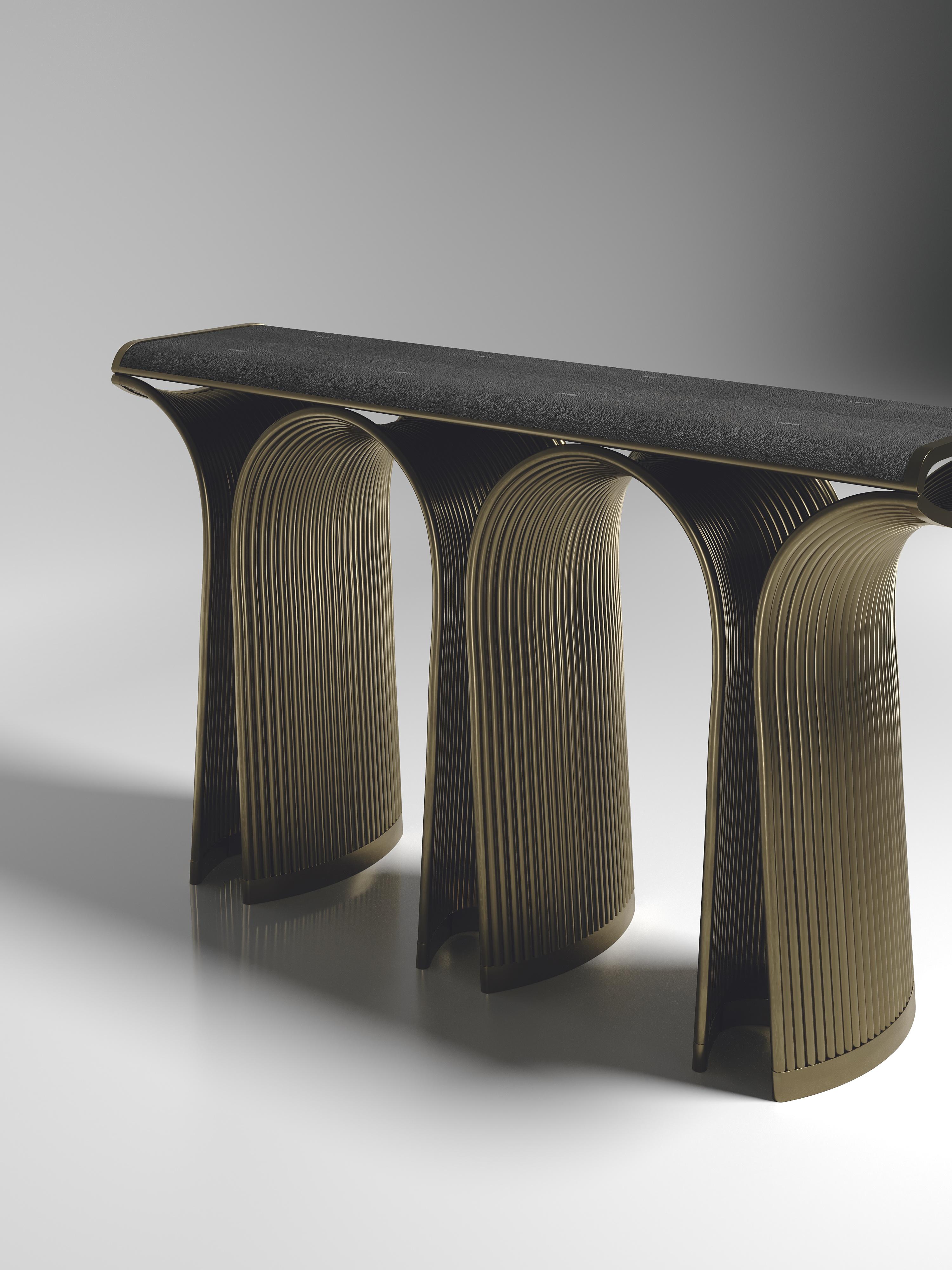 Upholstered Velvet Bench with Bronze-Patina Brass Details by R&Y Augousti For Sale 2