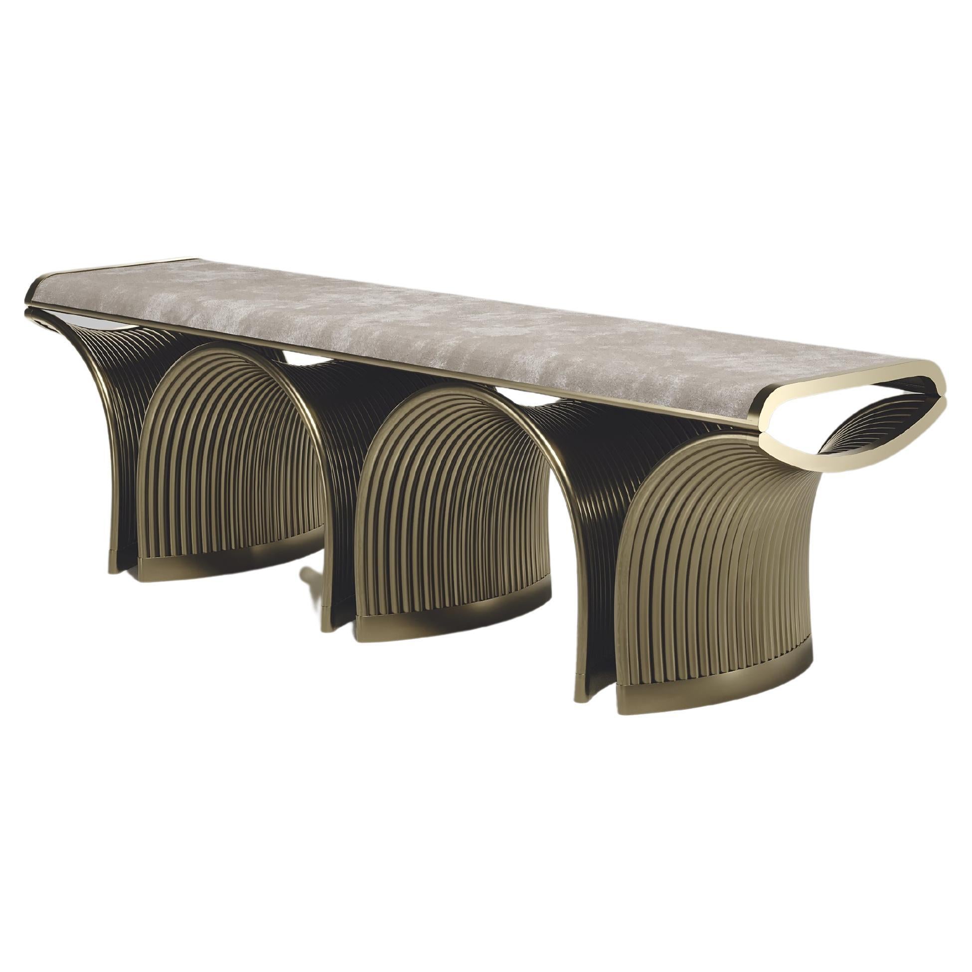 Upholstered Velvet Bench with Bronze-Patina Brass Details by R&Y Augousti For Sale