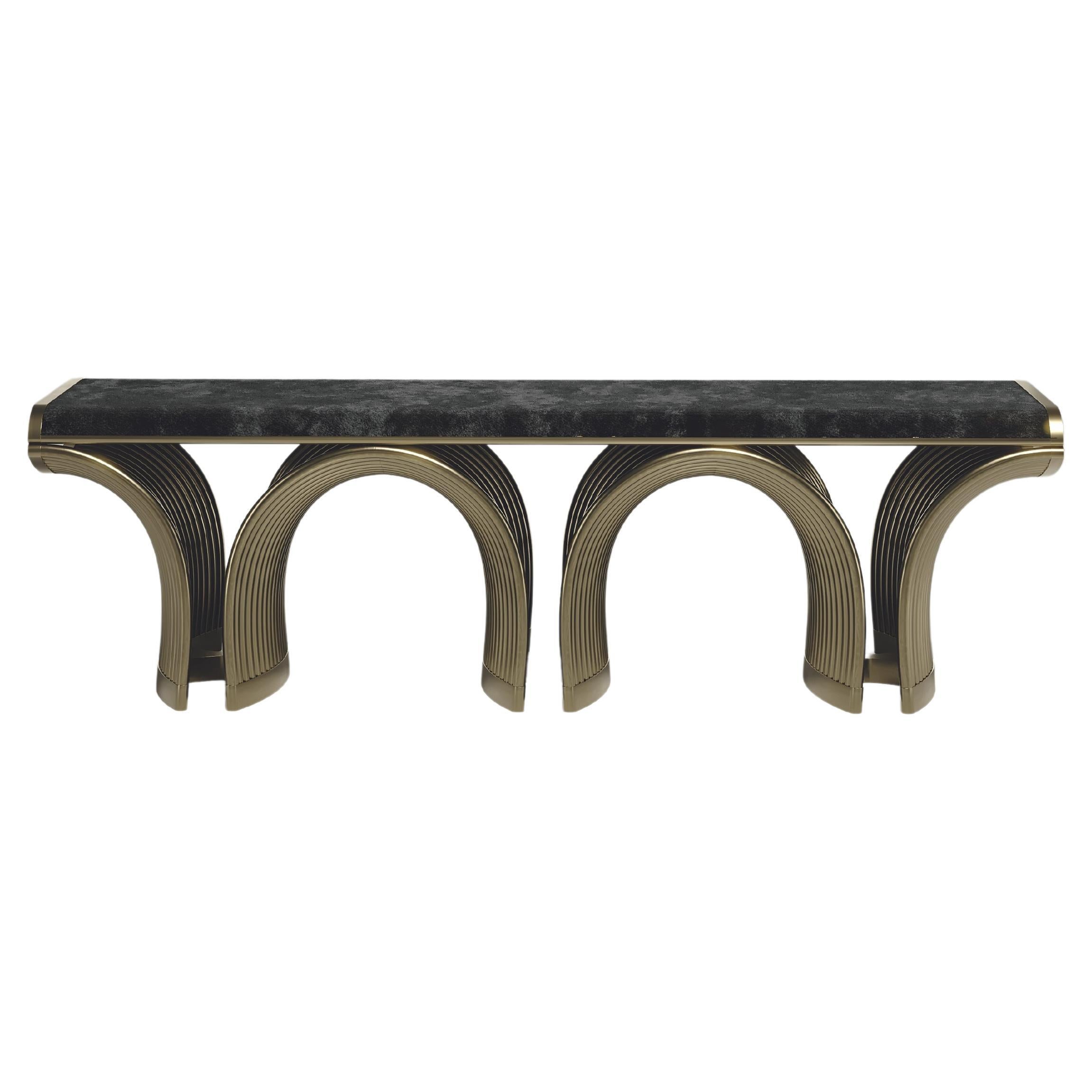 Upholstered Velvet Bench with Bronze-Patina Brass Details by R&Y Augousti For Sale