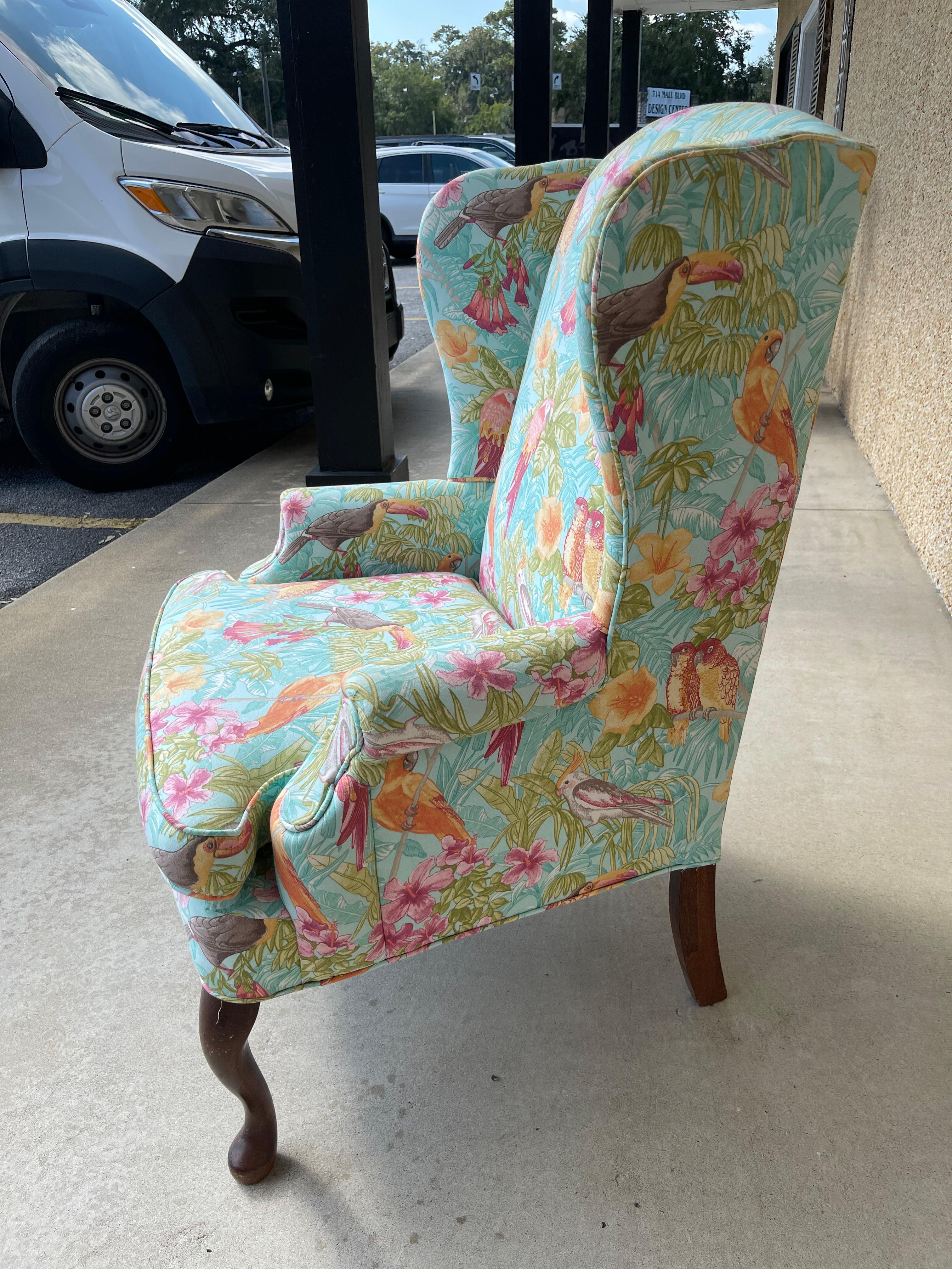 Mahogany Upholstered Vintage Wingback Chair, Mid 20th Century For Sale