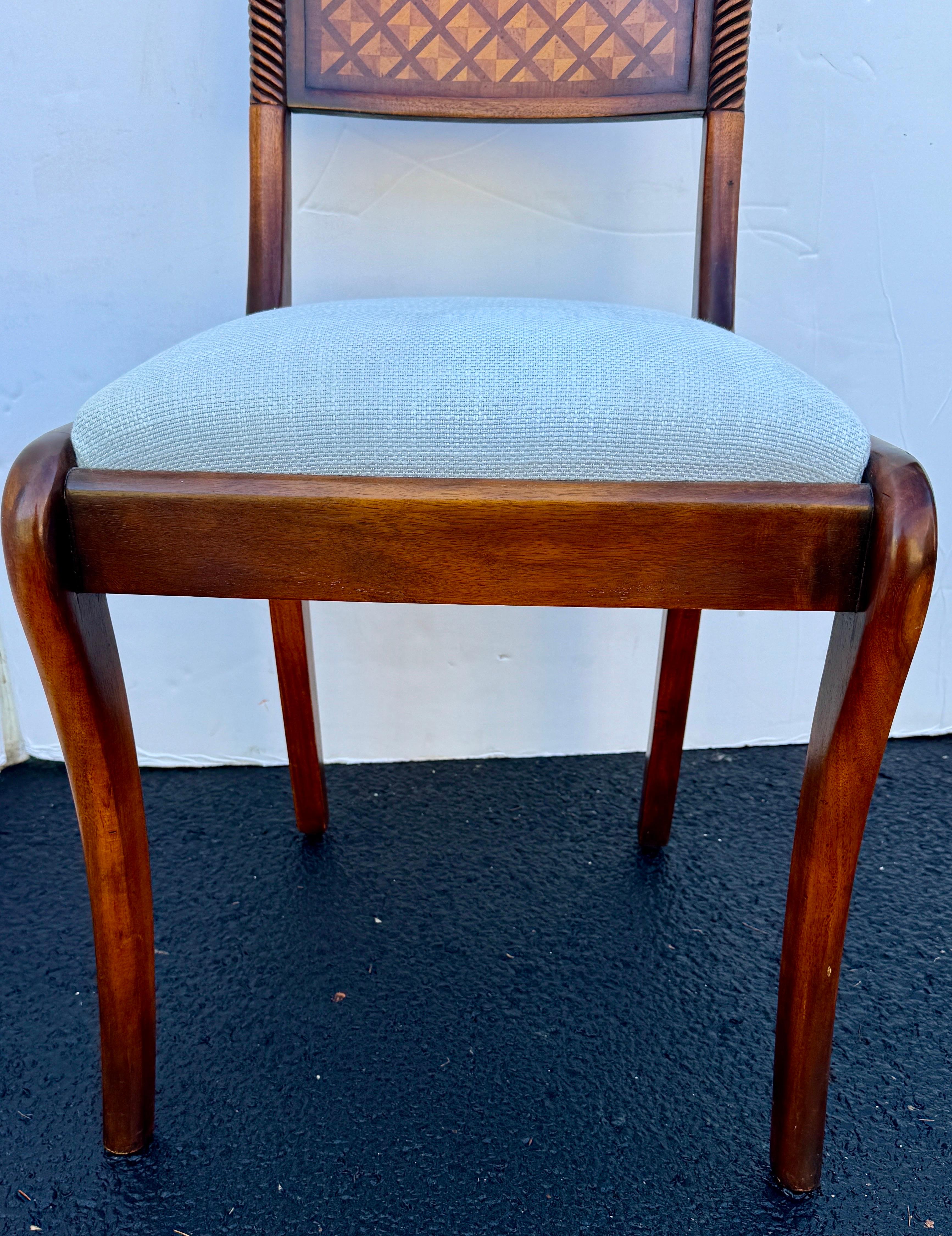 Hand-Crafted Upholstered Wood Desk Side Chair with Marquetry Inlay For Sale