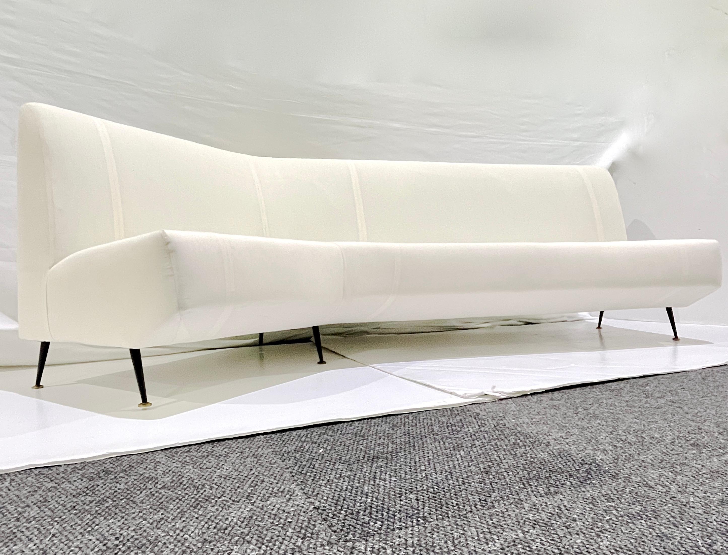 Mid-Century Modern Upholstery Ready Curved Italian Mid Century Modern Sofa on Black Lacquer Legs For Sale