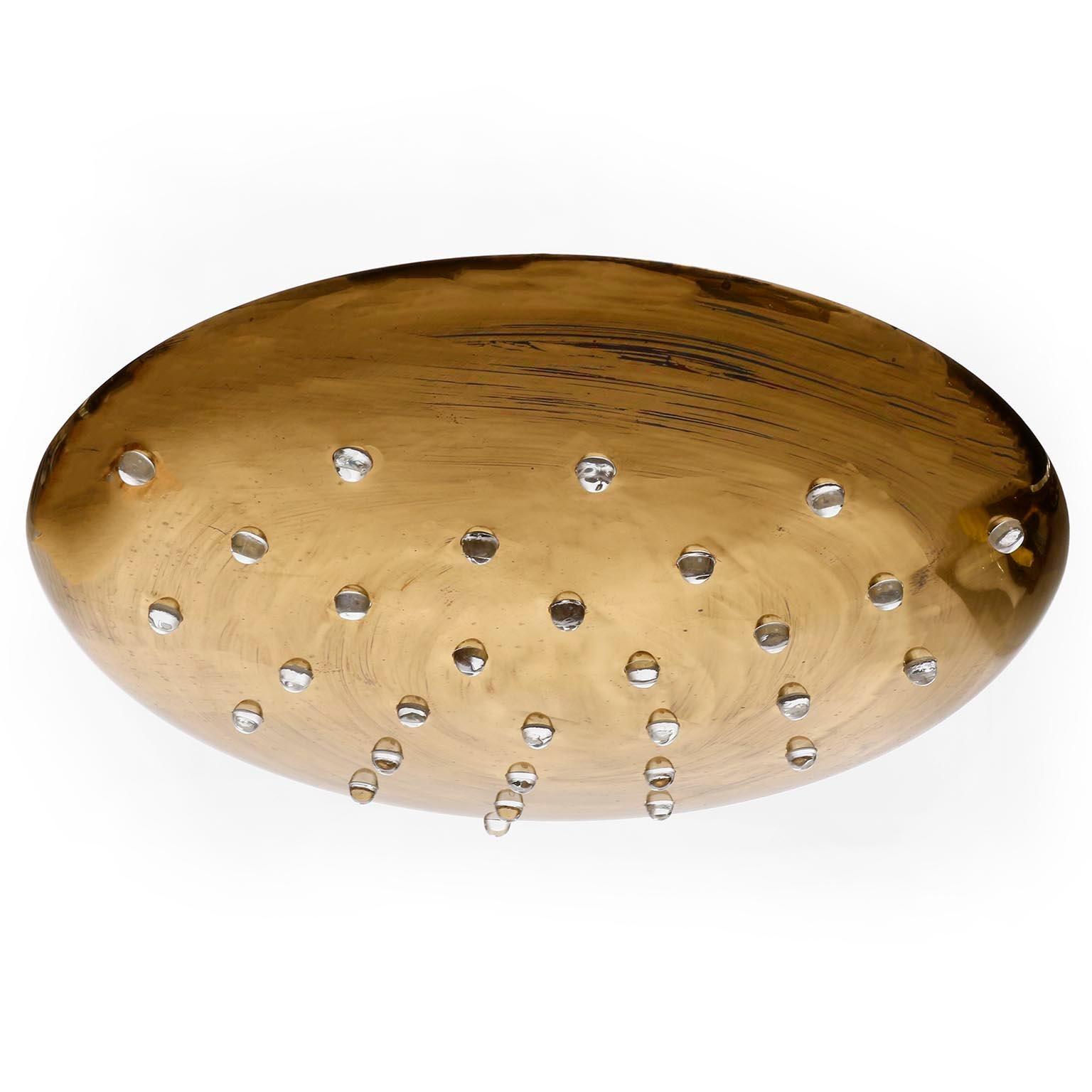 Italian Uplight Bowl Flush Mount or Pendant Light, Brass Glass, 1960s