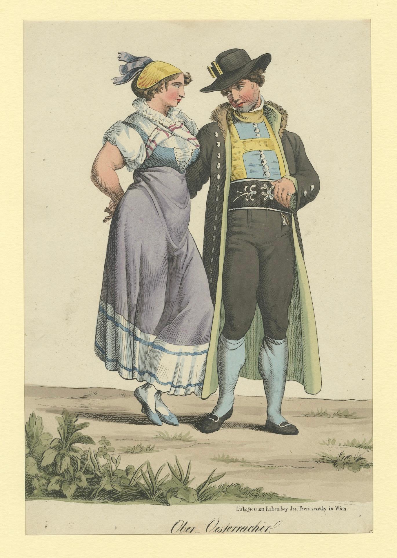 Upper Austria Folk Costume Couple, Antique Lithograph – Trentsensky c.1825