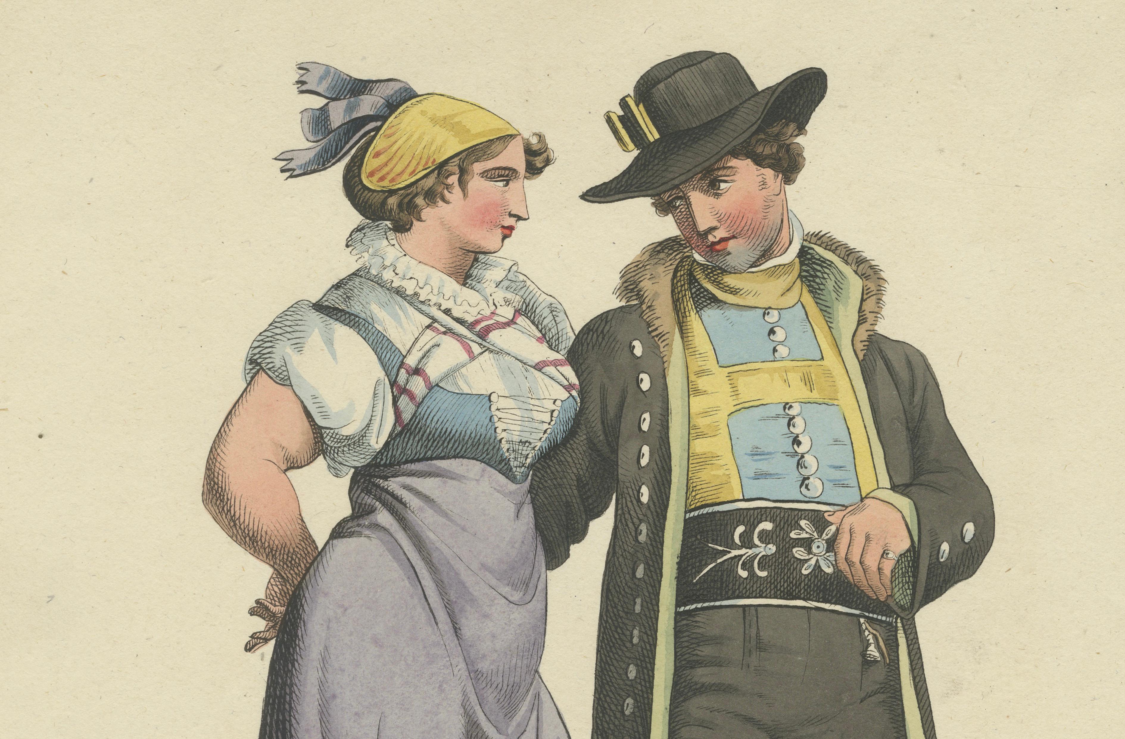 Upper Austria Folk Costume Couple, Antique Lithograph – Trentsensky c.1825