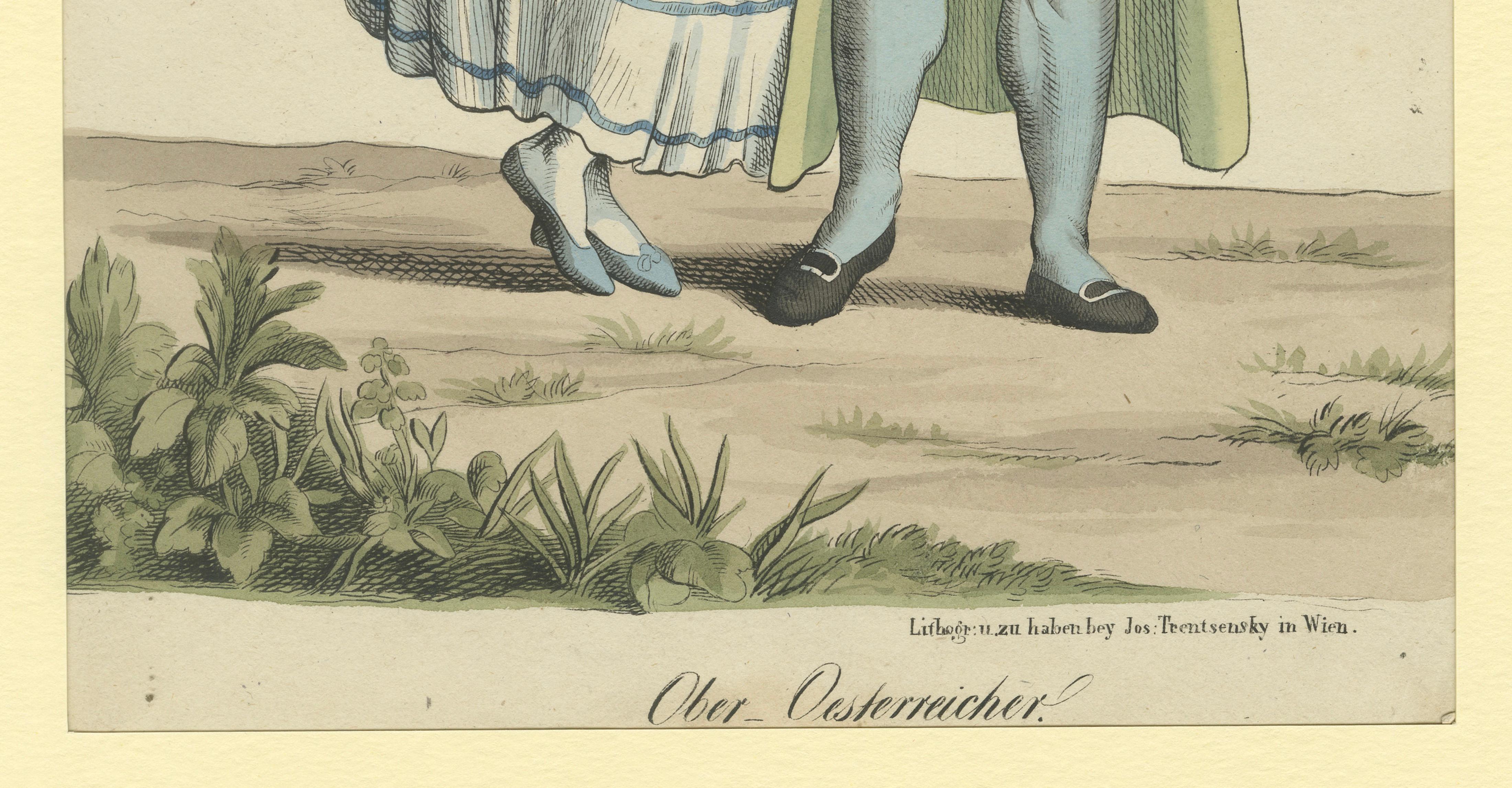 Upper Austria Folk Costume Couple, Antique Lithograph – Trentsensky c.1825