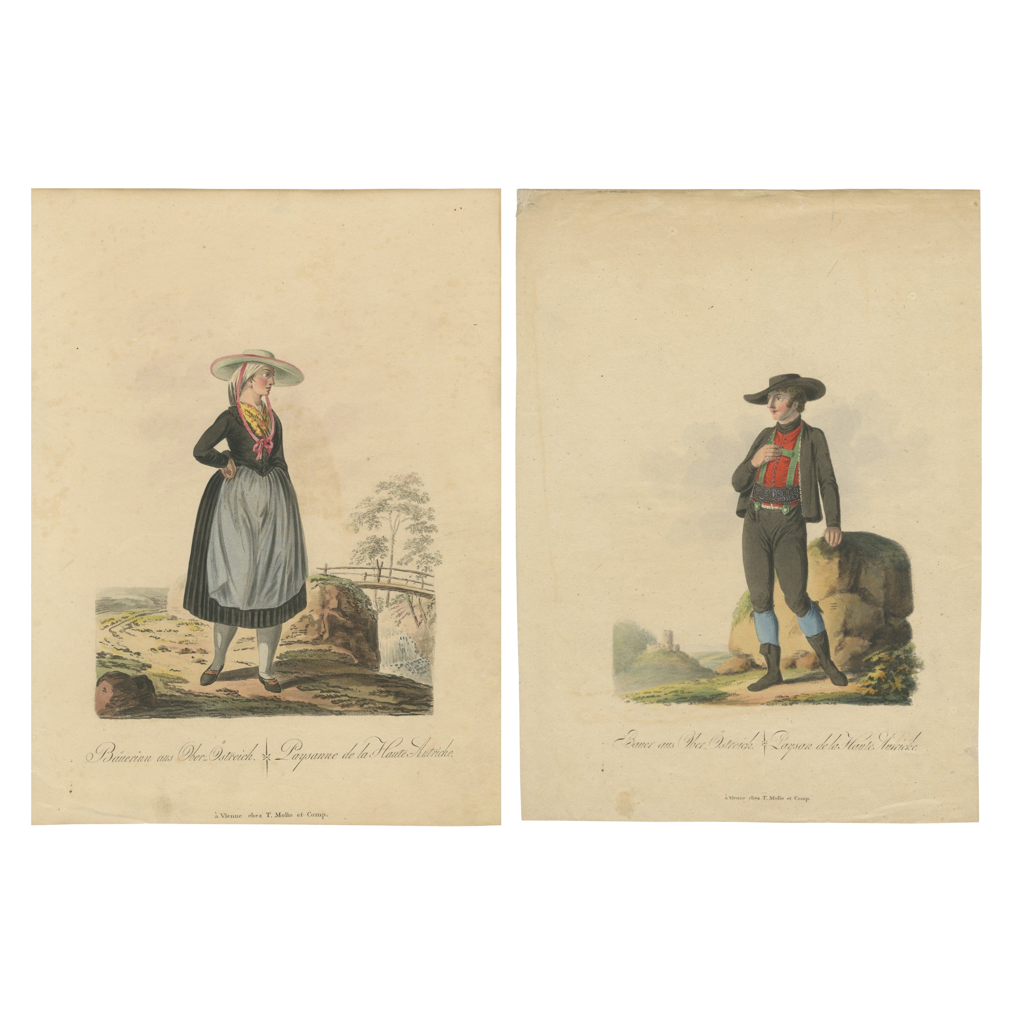 Upper Austria Folk Costume Pair, Antique Hand-Colored Lithographs – Vienna 1825
