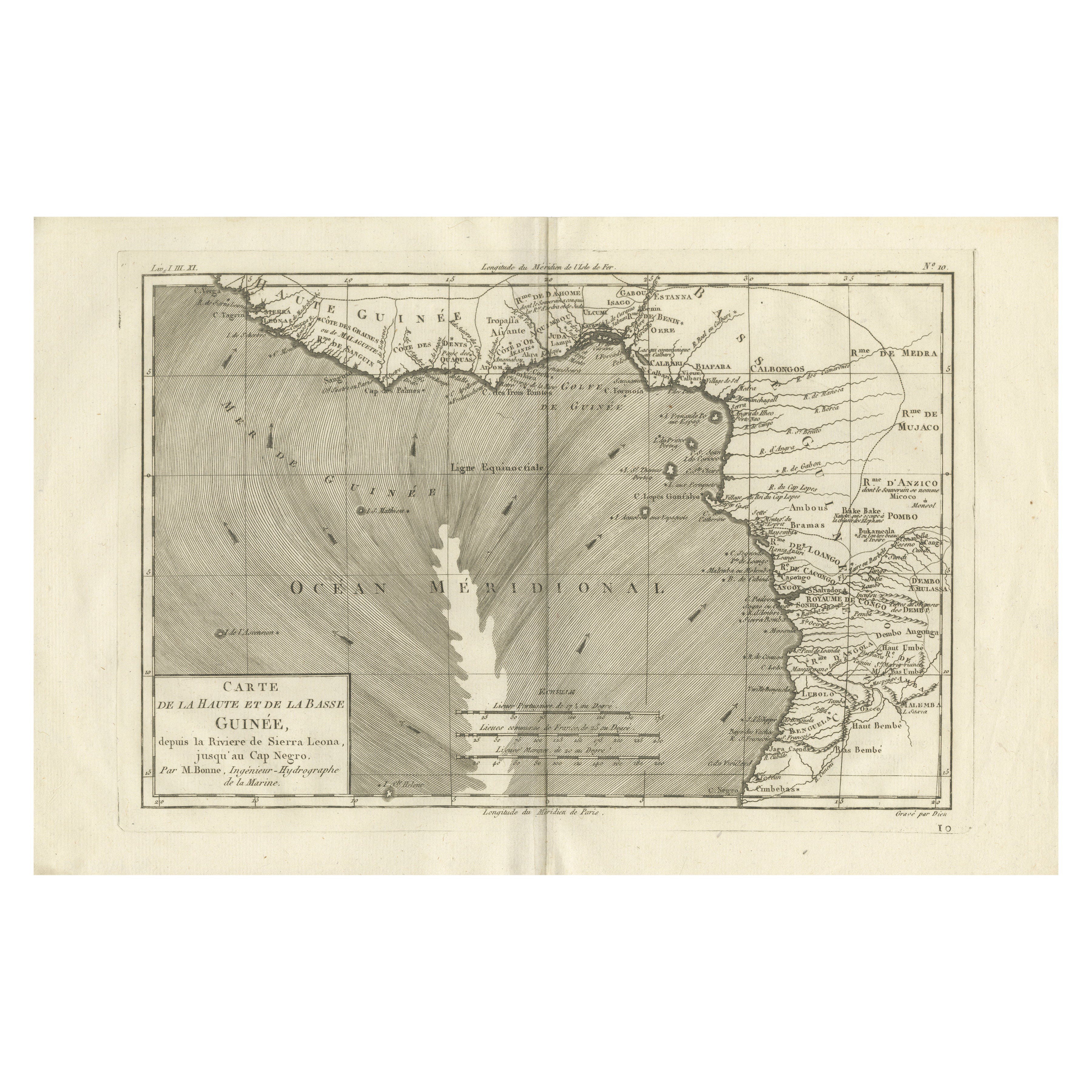 Upper 
Lower Guinea Coast Map – West Africa by Bonne c.1780 For Sale