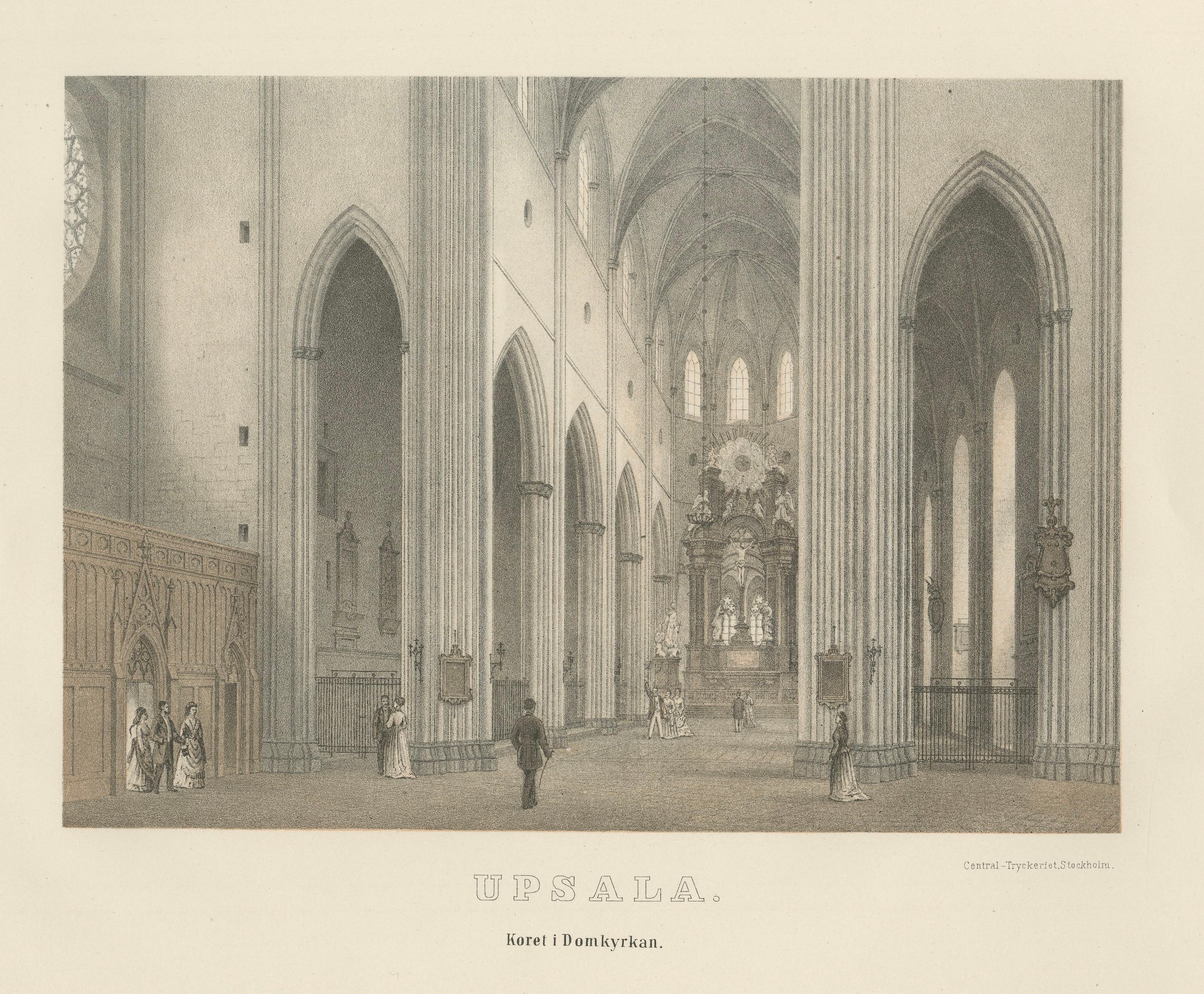 Uppsala Cathedral Choir Interior, Koret i Domkyrkan, Tinted Lithograph 1877