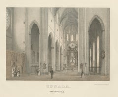 Interno del coro della cattedrale di Uppsala, Koret i Domkyrkan, litografia colorata 1877