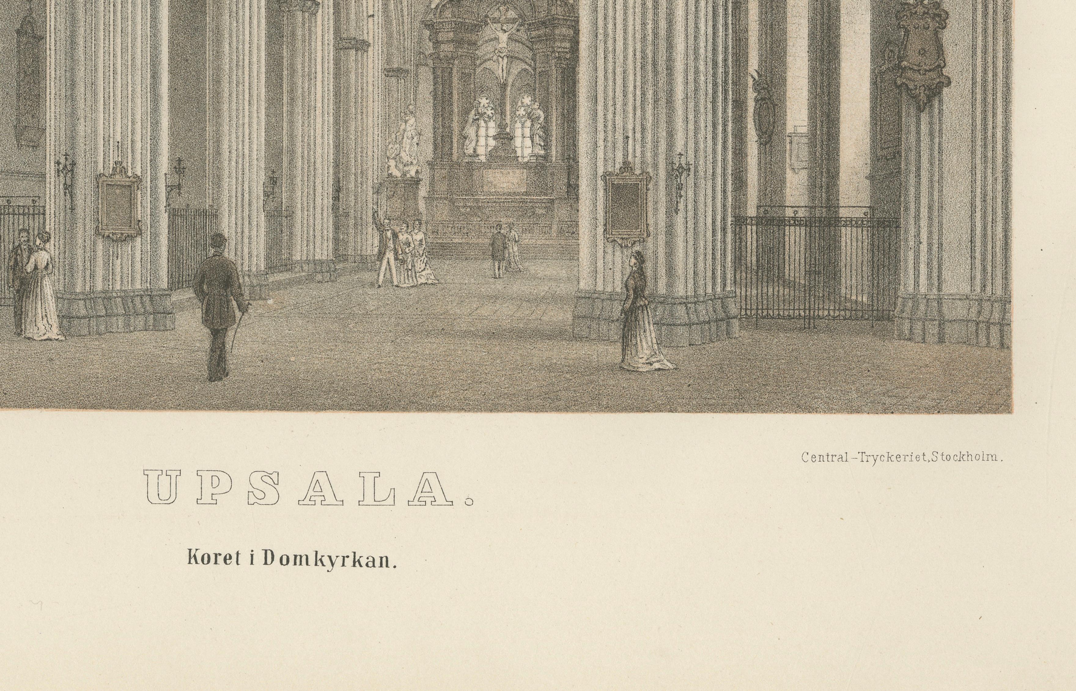 Uppsala Cathedral Choir Interior, Koret i Domkyrkan, Tinted Lithograph 1877