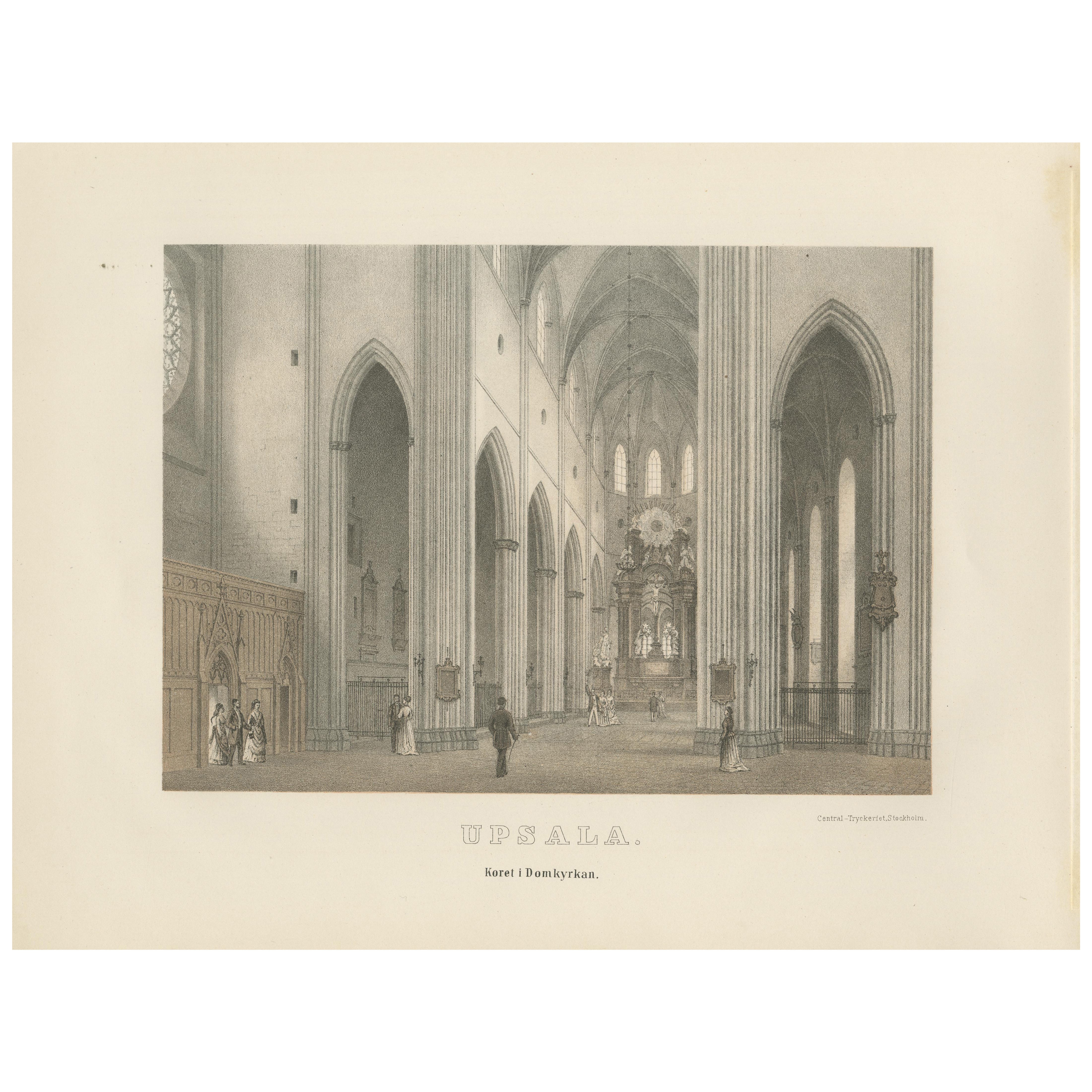 Uppsala Cathedral Choir Interior, Koret i Domkyrkan, Tinted Lithograph 1877