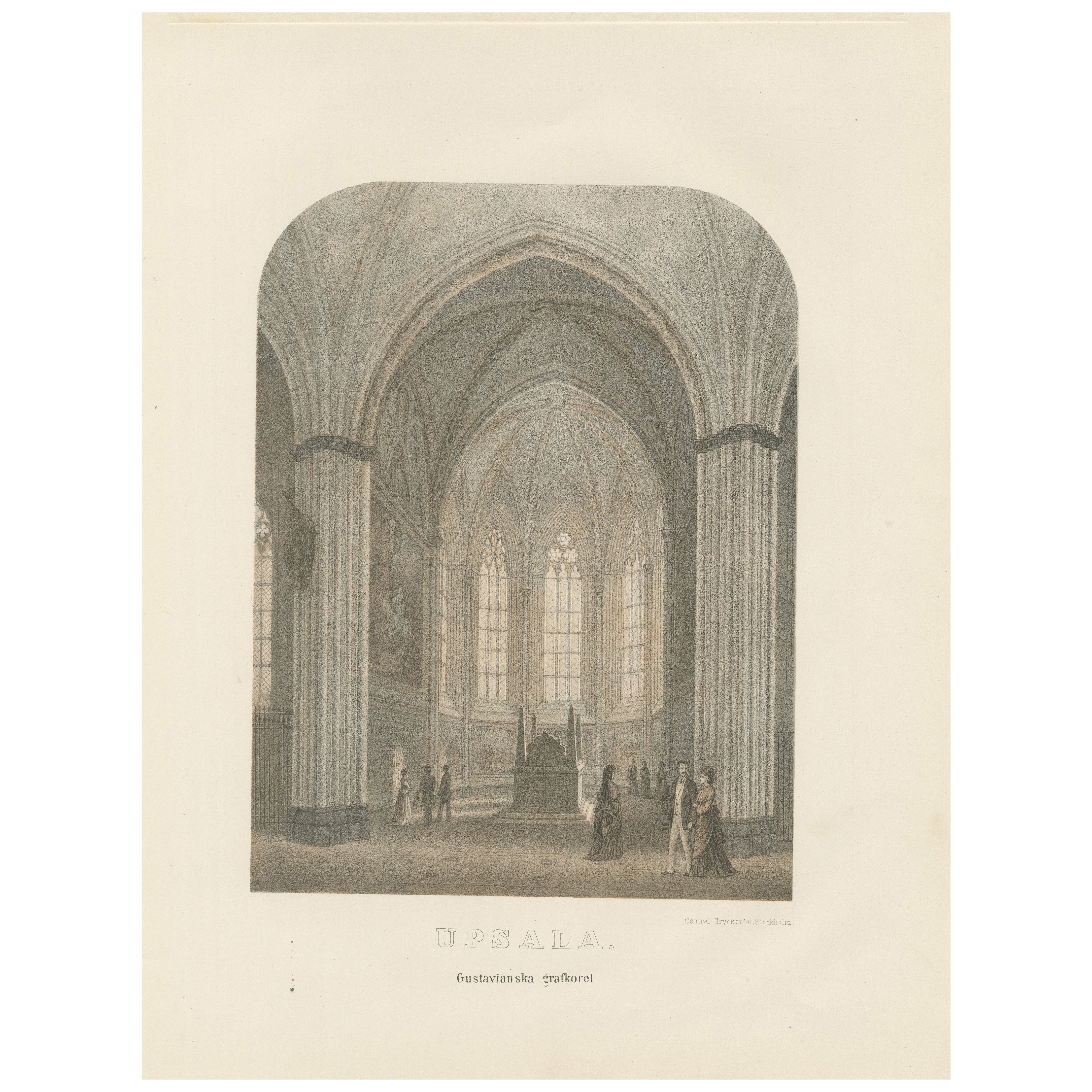 Uppsala Cathedral Memorial Chapel, Gustavianska Grafkoret, Lithograph 1877 For Sale