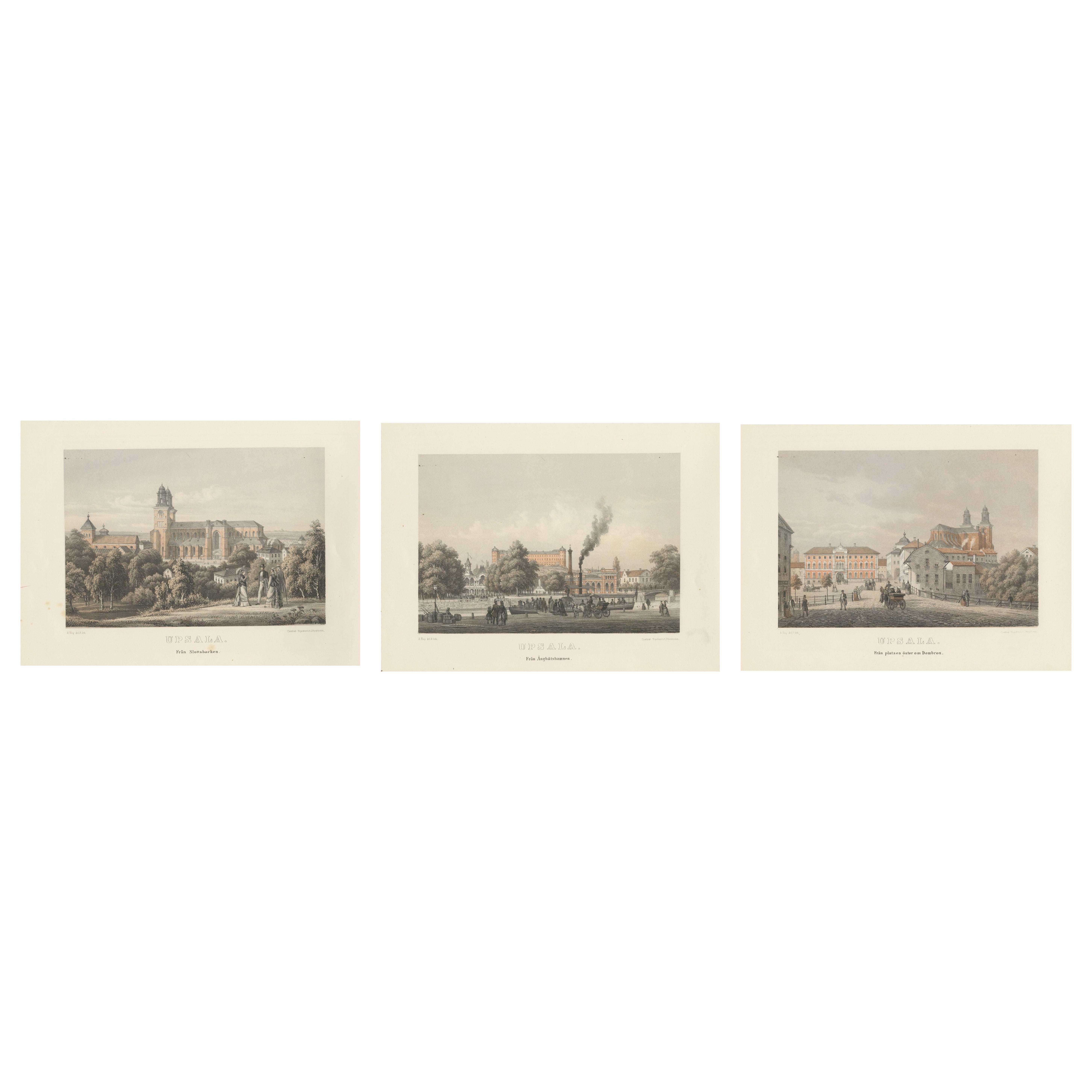 Vues de la ville d
Uppsala en Suède, 3 lithographies teintées par A. Nay, Suède 1877