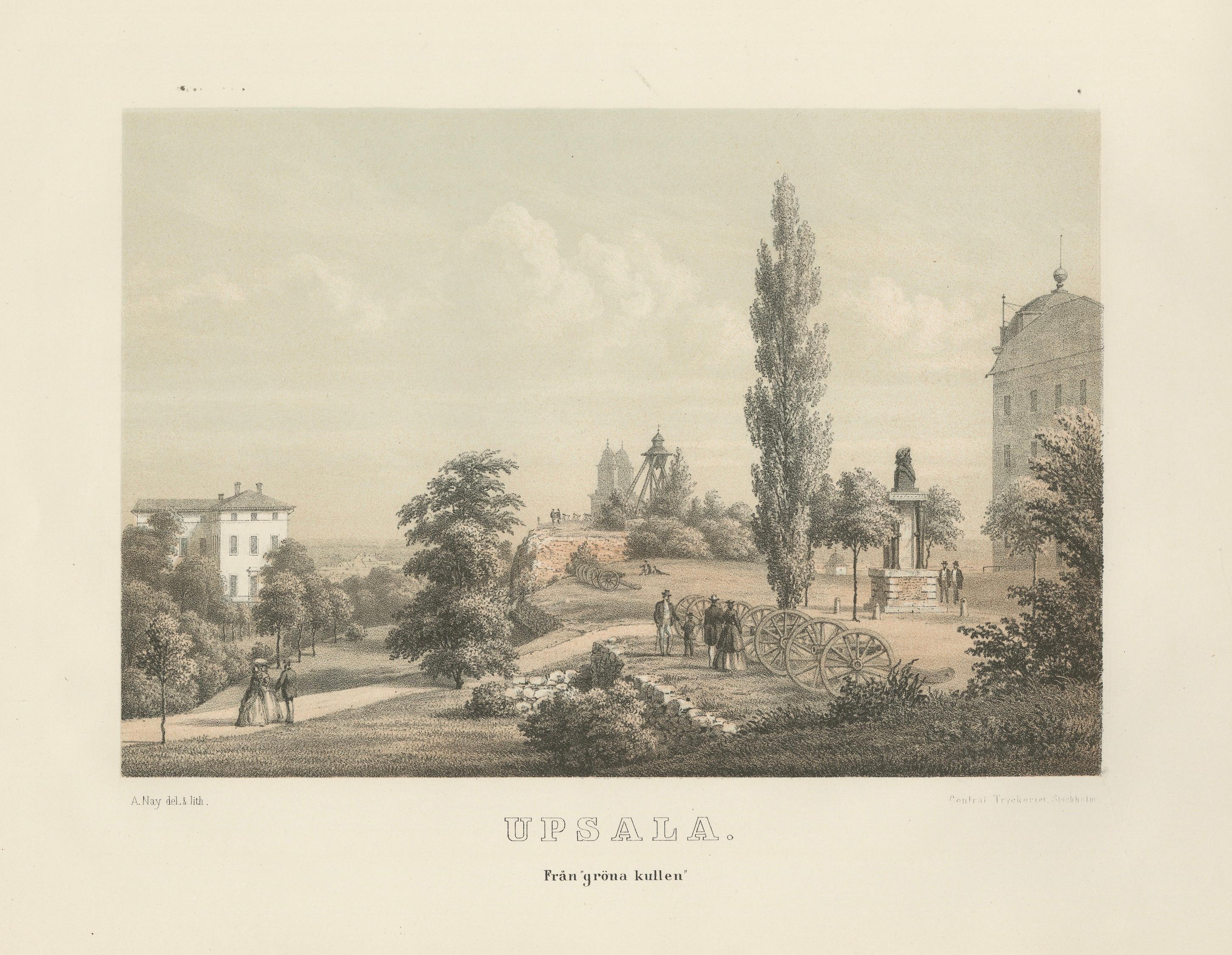 Uppsala Från Gröna Kullen View, Swedish Tinted Lithograph by A. Nay, 1877