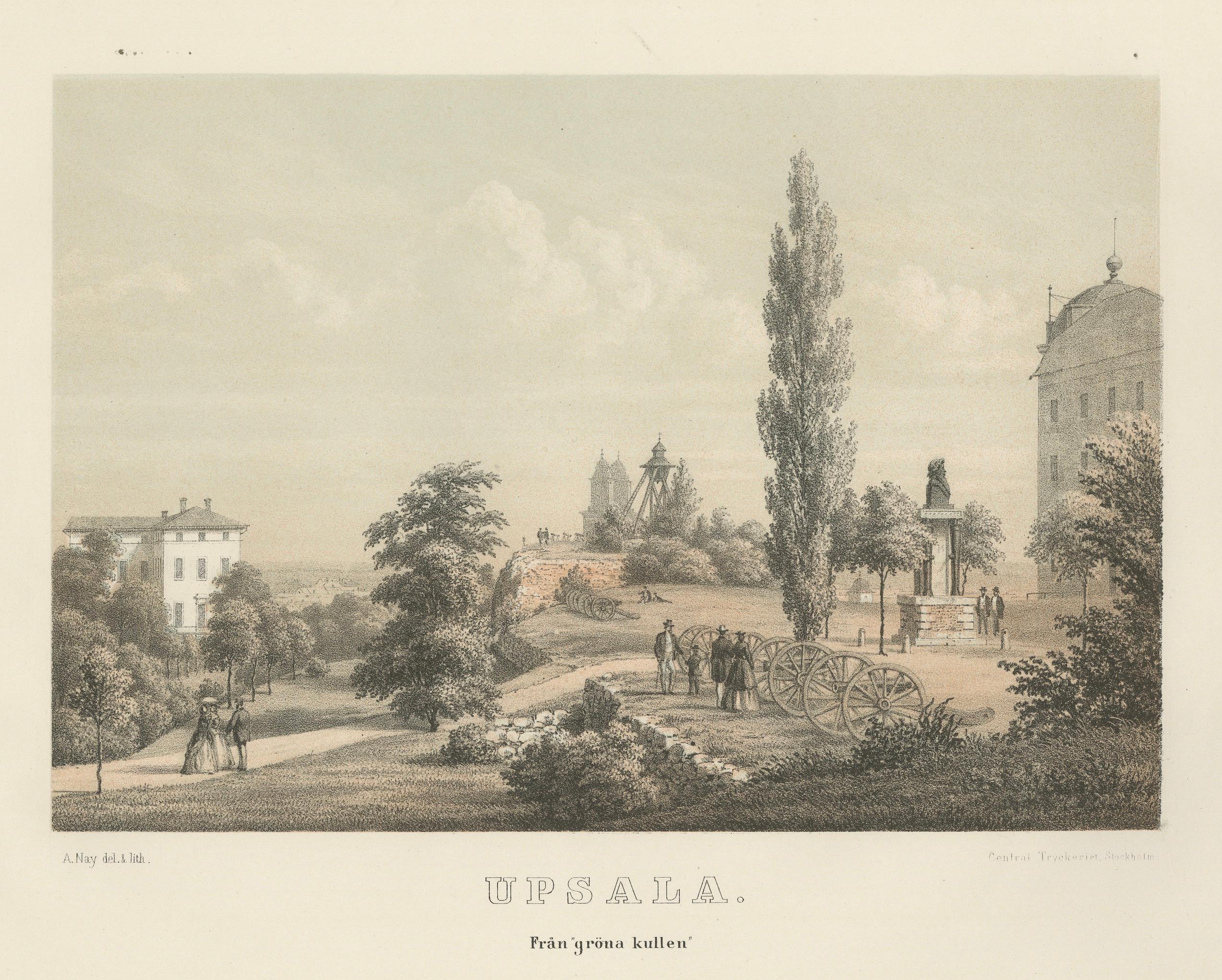 Uppsala Från Gröna Kullen View, Swedish Tinted Lithograph by A. Nay, 1877