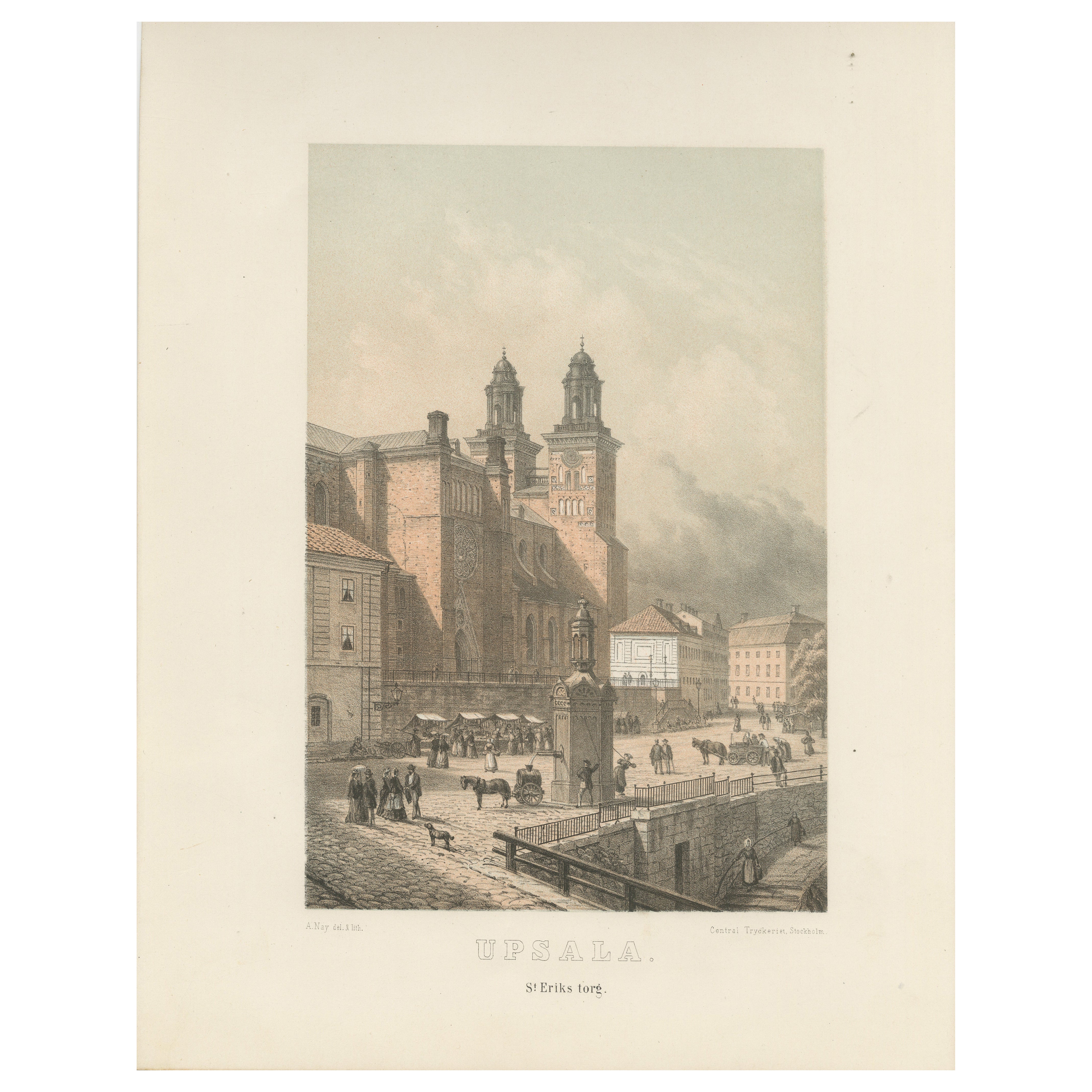 Uppsala St Eriks Torg Cathedral View, Swedish Tinted Lithograph by A. Nay, 1877
