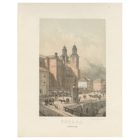 Uppsala St Eriks Torg Cathedral View, Swedish Tinted Lithograph by A. Nay, 1877