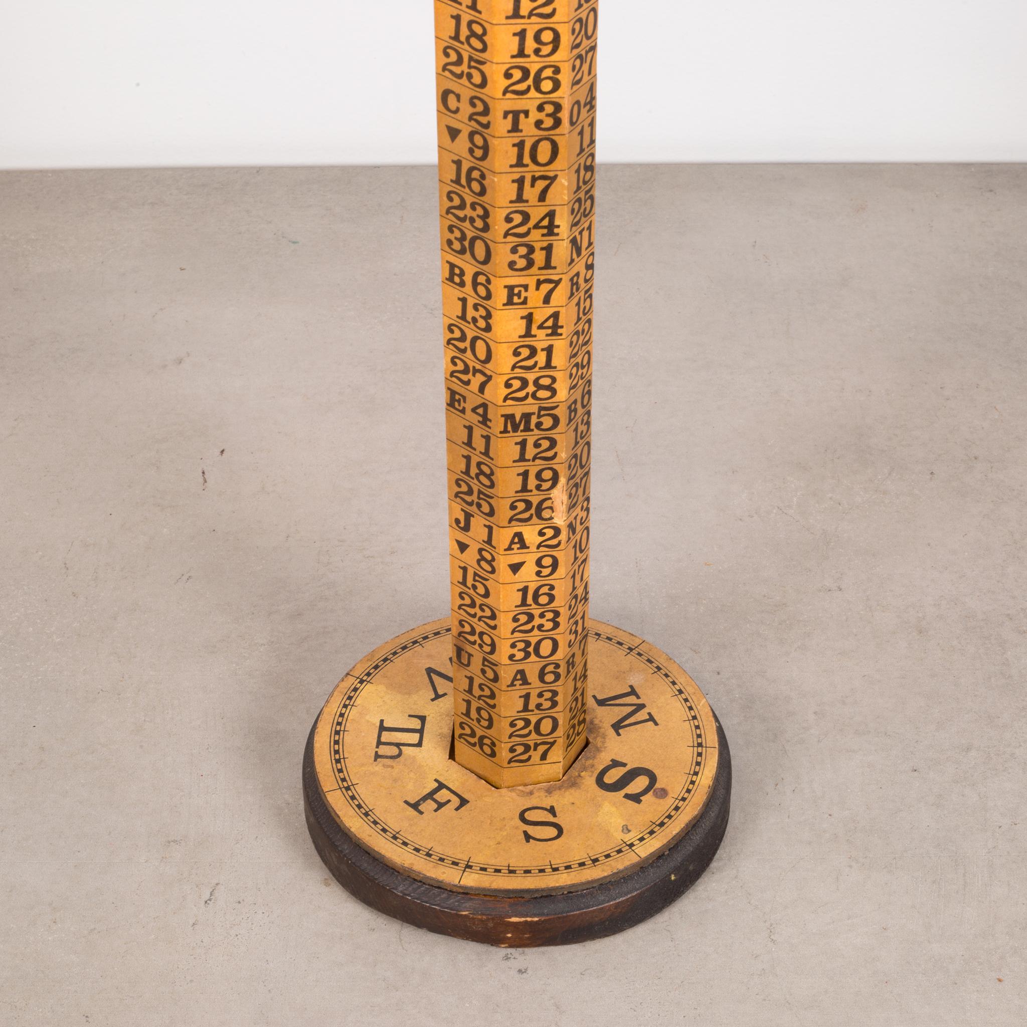 About

An upright pole “Continuous Calendar” by EB Arnett. This continuous calendar can display any year from 1794-2119. The calendar has instructions imprinted on the base, underneath the day of the week disc. “On the first day of March, rotate