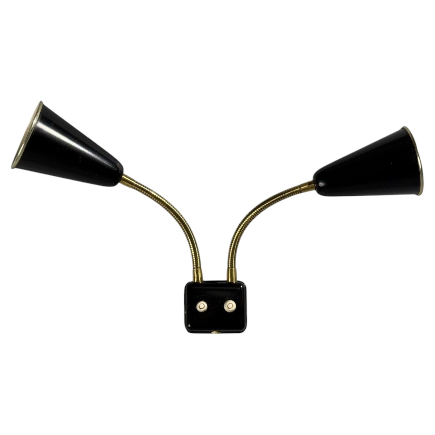 Upsala Armaturfabrik, Adjustable Wall Sconce, Black Metal, Brass, Sweden, 1960s